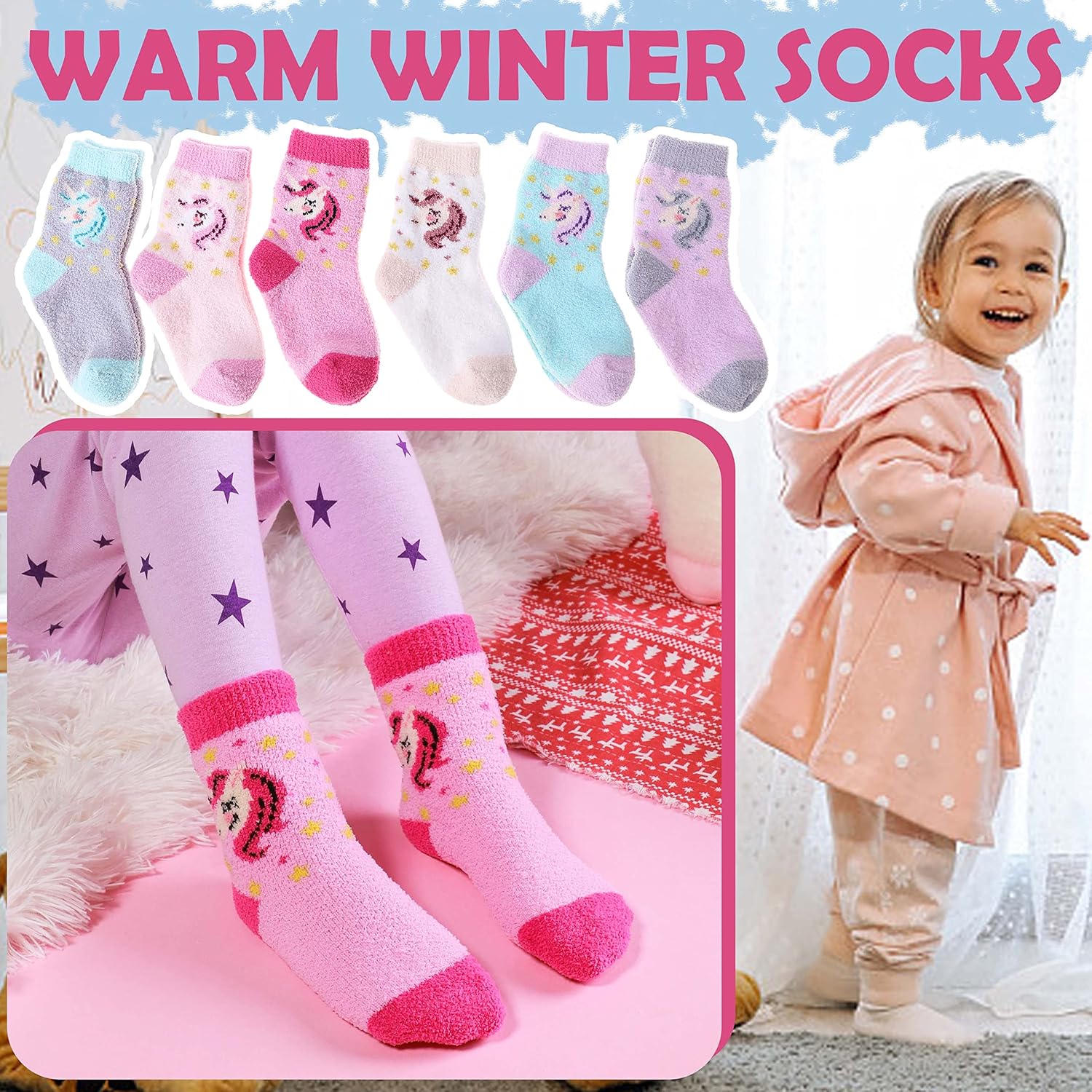 ANTSANG Kids Girls Toddlers Fuzzy Socks with Grips Non Slip Slipper Socks Fluffy Cozy Cabin Plush Warm Crew Socks 6 Pack - Image 3