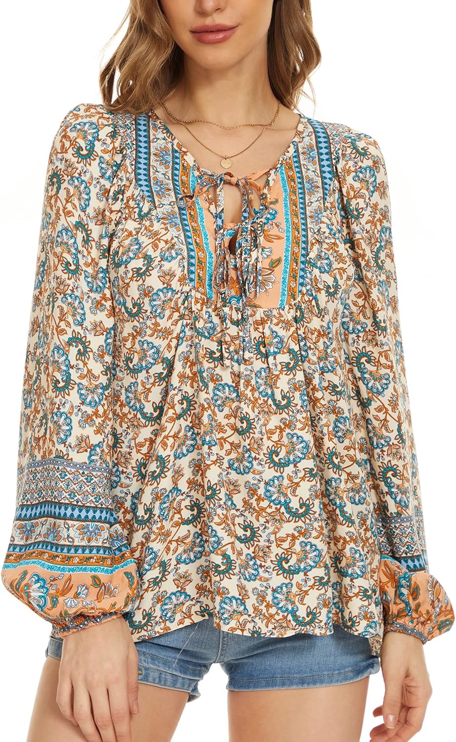 Vogebund Women's Floral Boho Tunic Tops Casual Long Sleeve Loose Beach Blouses Self-Tie V Neck T Shirts - Image 3