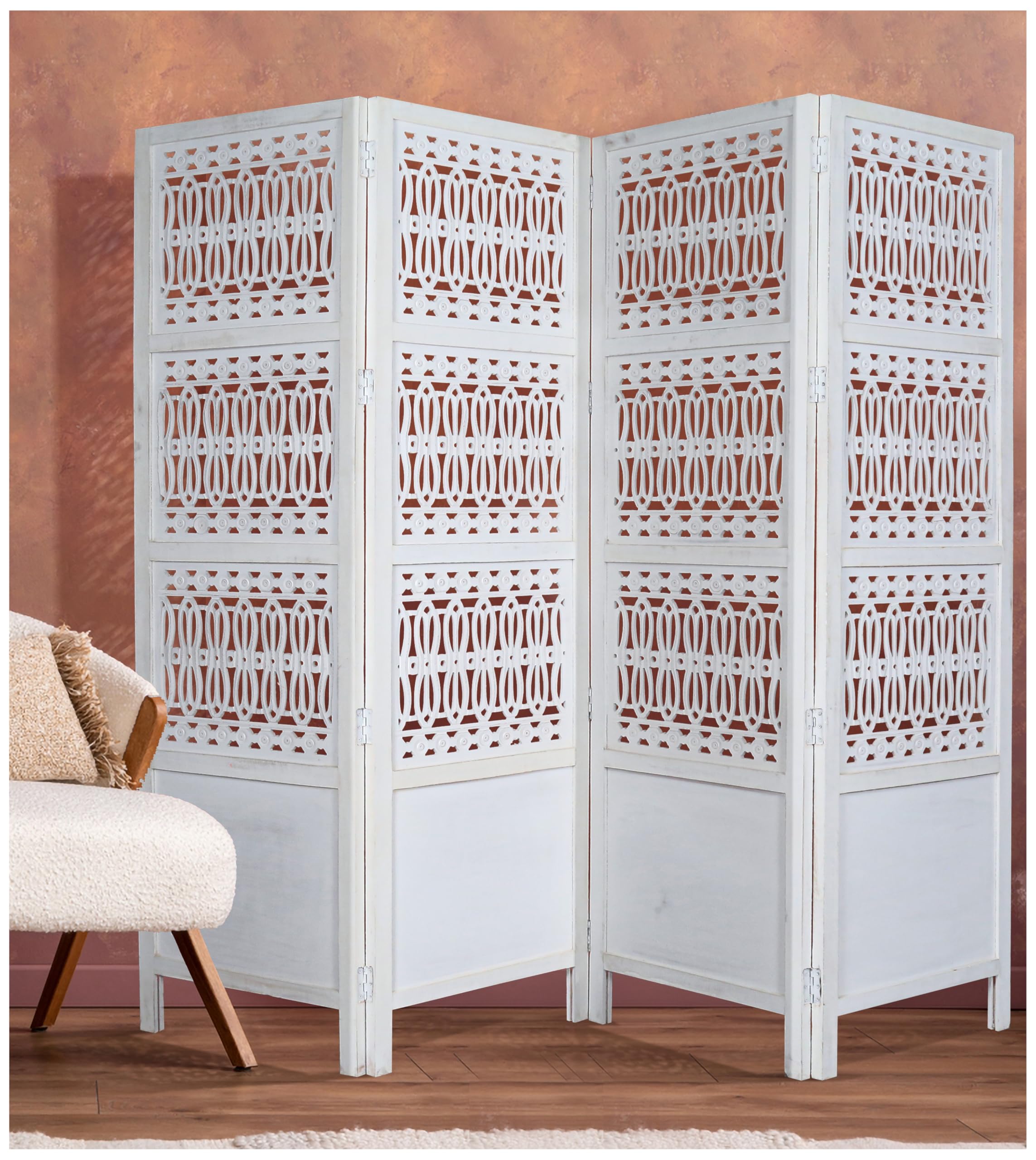 Room Divider Screen, 4-Panel Folding Wood Screen Pattern, Antique White, 72 x 80 Inches, Hand Carved Decorative and Functional, Reversible, Portable Privacy Partition, Boho Style - Bedding Craft