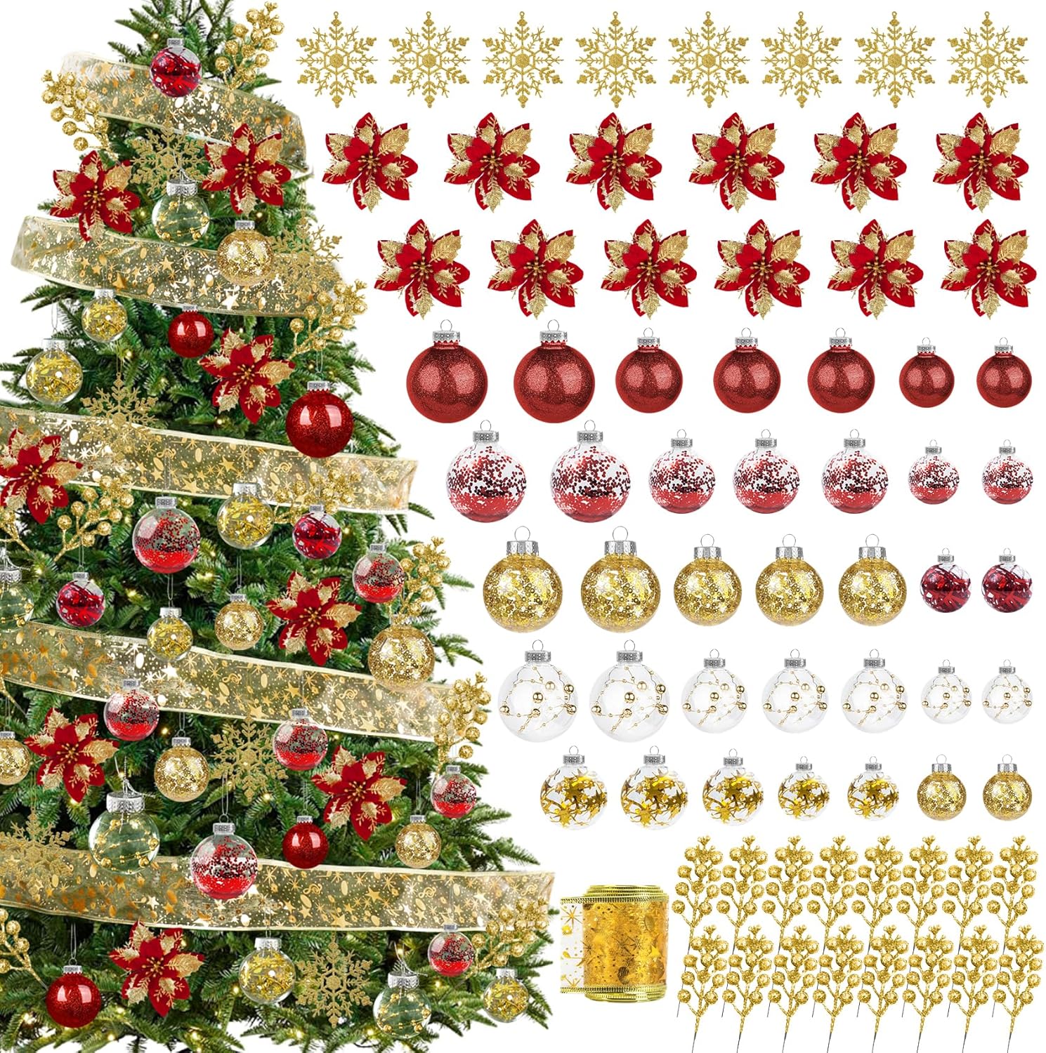 Roberly 72PCS Red & Gold Christmas Tree Decorations Set Shatterproof Clear Plastic Red and Gold Christmas Tree Balls Ornaments with Gold Hanging Snowflakes Ribbon Poinsettia Flower Glitter Berry Stems Red-gold