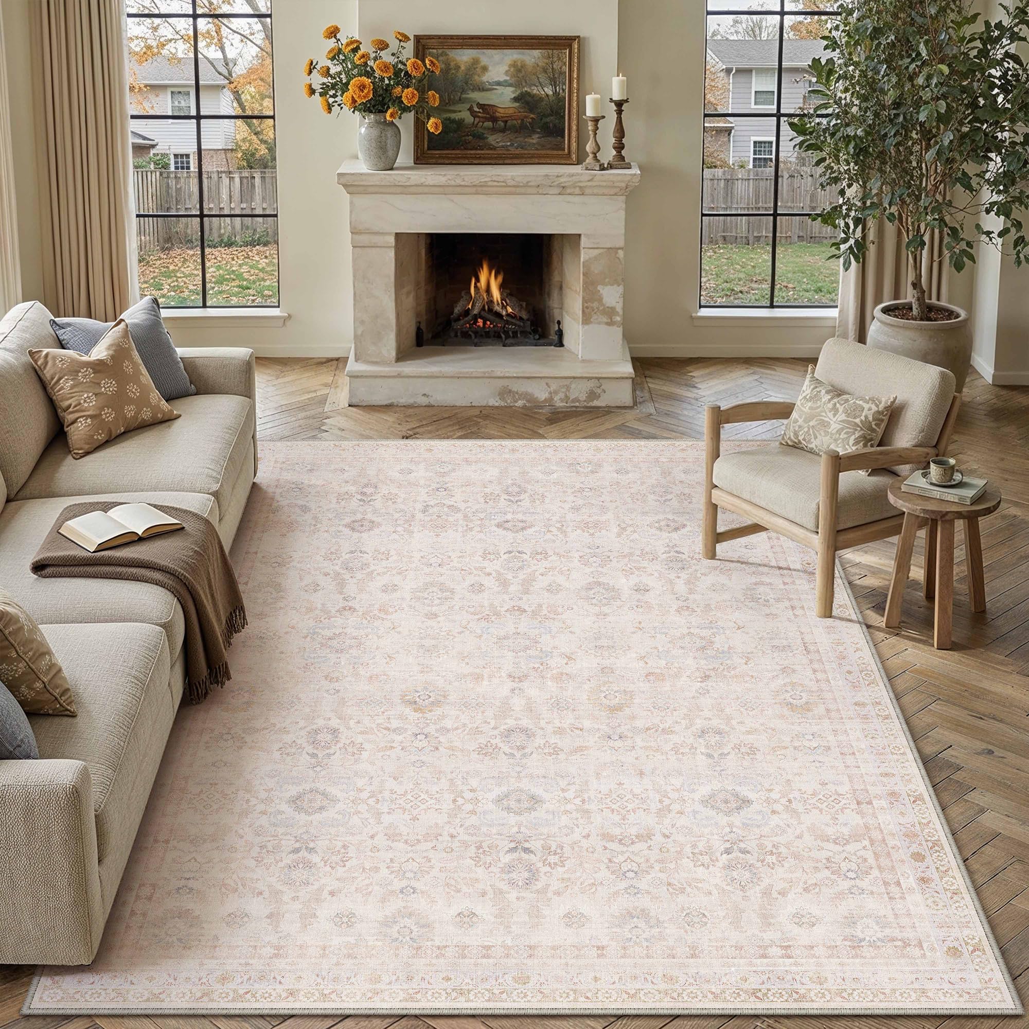 wondrg 8x10 washable neutral area rug living room beige floral non slip low pile large rug modern traditional stain resistant distressed carpet bedroom dining room office playroom