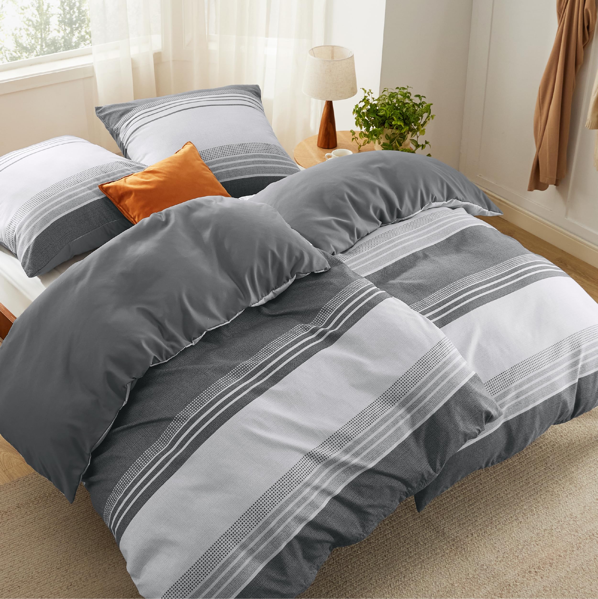 BEDSURE Bettwäsche 135x200 4teilig Bettbezug - Bettwäsche-Sets 135 x 200 cm 2er Set mit 2 Kissenbezüge 80x80cm, ÖKO-TEX Wendebettwäsche Bedding Grau Gestreift Muster mit Reißverschluss