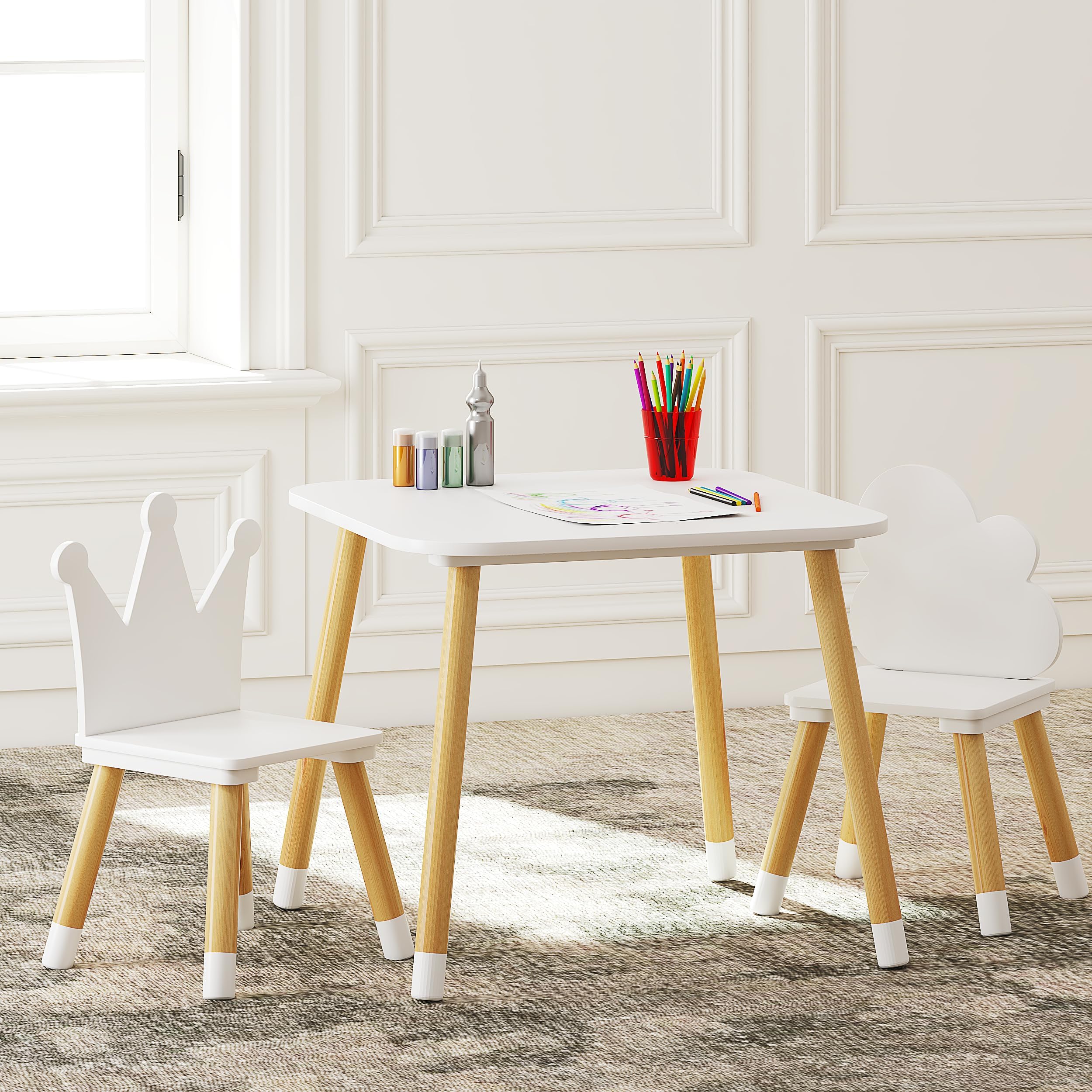 UTEXKids Table with 4 Chairs Set, White, Square, Playful, Kids Table Set