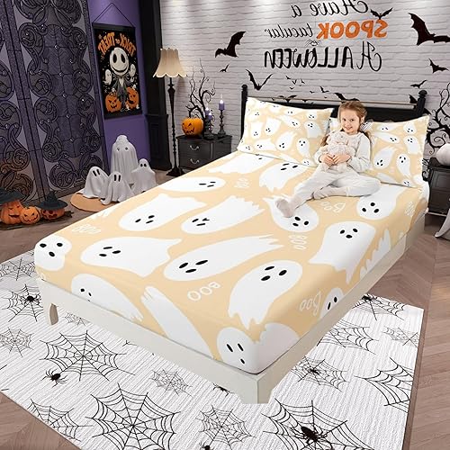 Juego de sábanas bajeras amarillas con diseño de dibujos animados para adultos, ultra suave, juego de ropa de cama de fantasma con 2 fundas de