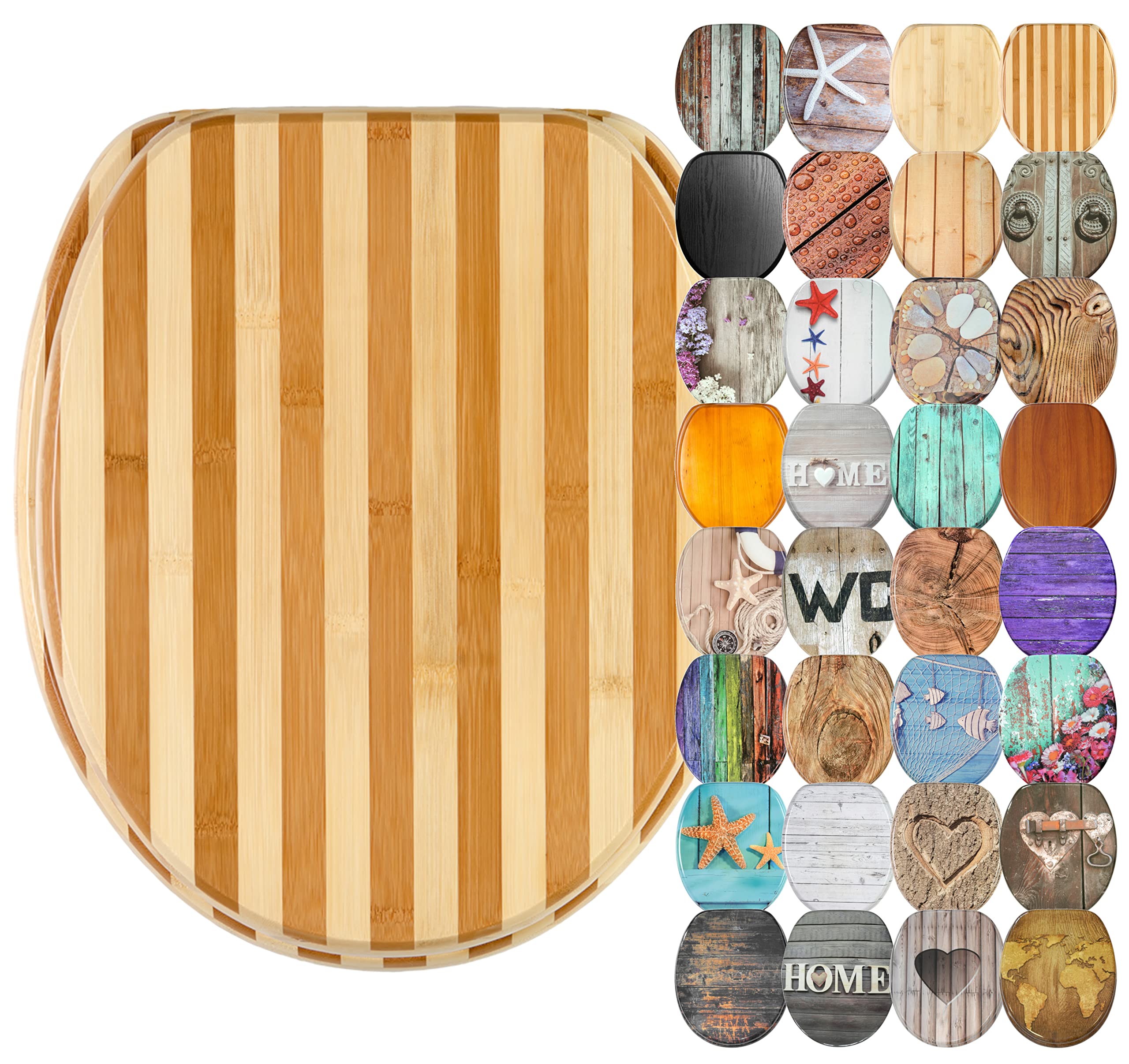 Sanilo Bamboo Striped Soft Close Toilet Seat, Wide Choice Of Wooden Toilet Seats, Stable Hinges, Easy To Mount (Bamboo Striped)