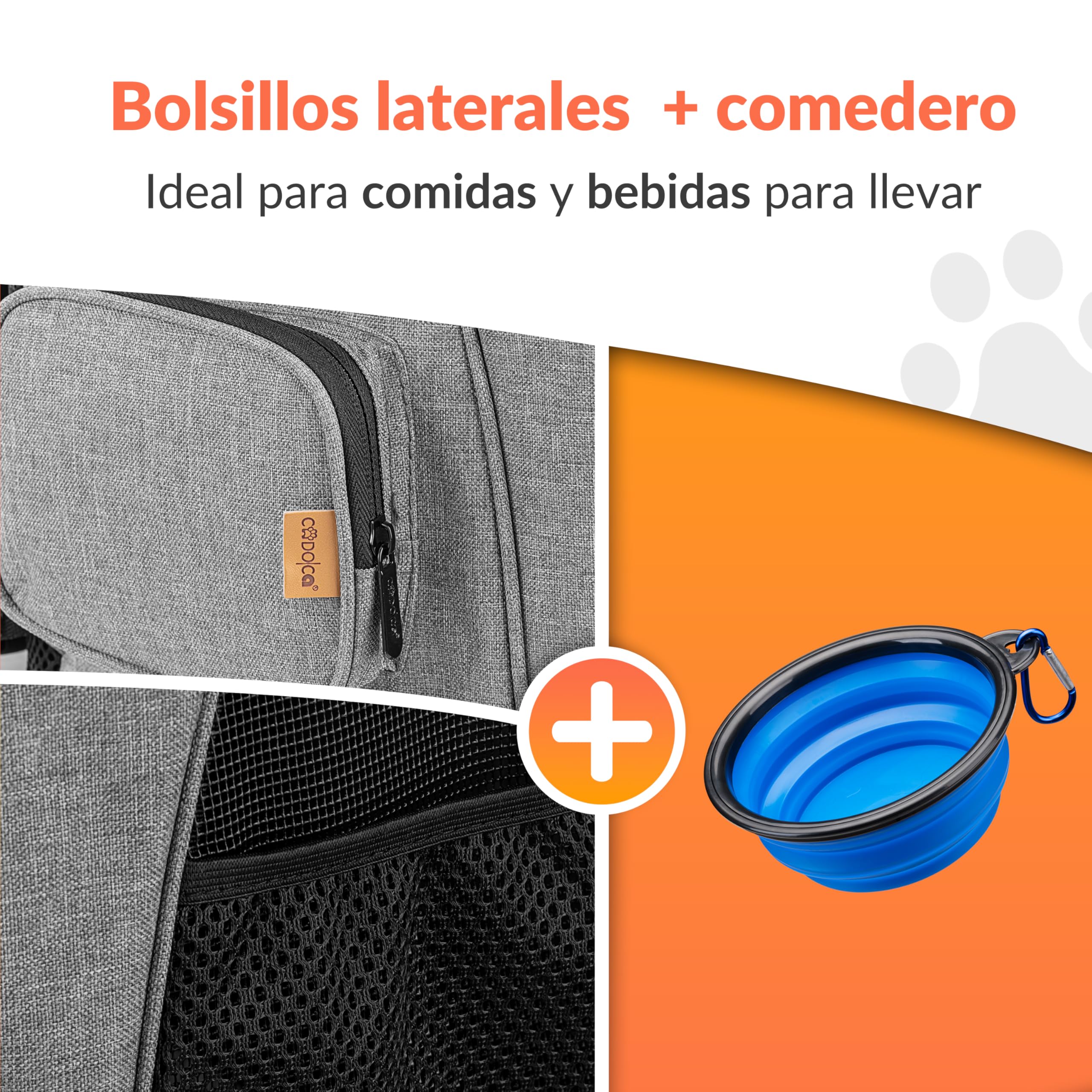 CADOCA® Mochila Transportín Perros Gatos 20 Kg Bolso Transporte Mascotas Plegable Correa Comedero Animales Tiras Reflectantes Viajes Excursiones Gris