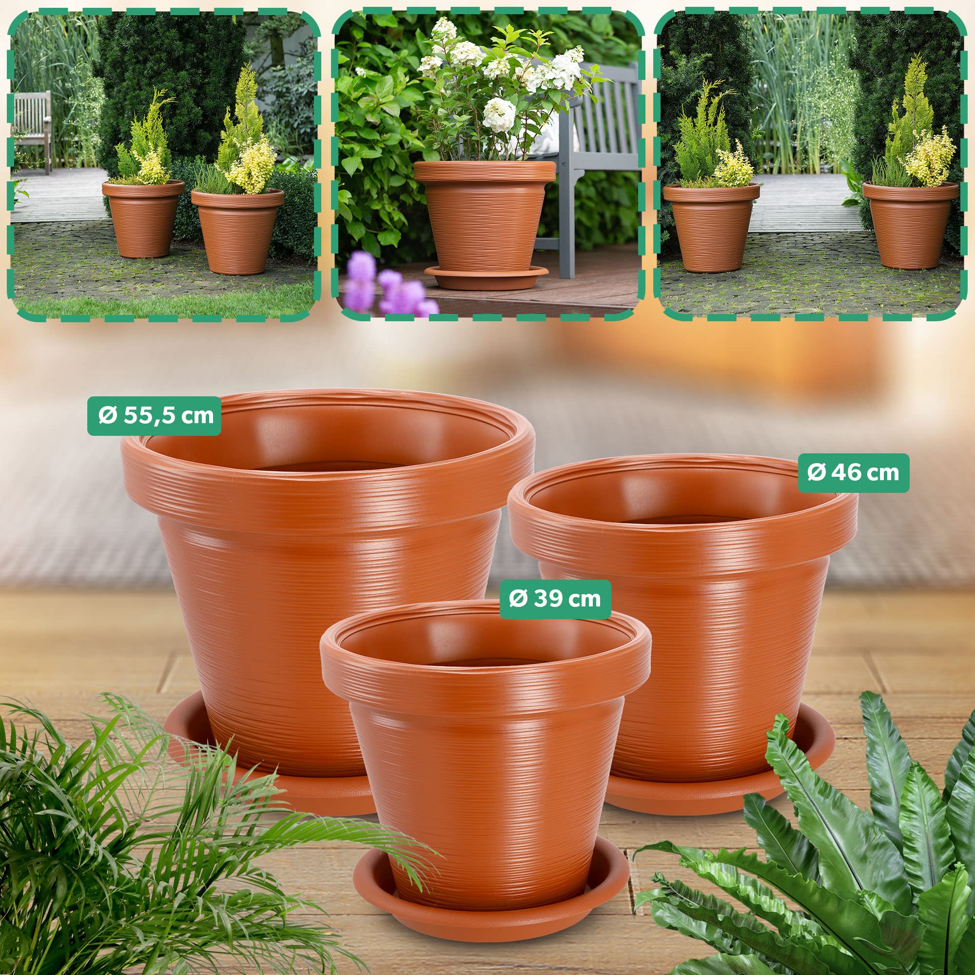 KADAX Pot de Fleurs en Plastique, 4 Couleurs, Pot de Plantes avec Soucoupe, Pot de Plantes, Pot de Plantes avec Motif incisé, Pot de Fleurs en Plastique, Pot de Fleurs Rond (∅ 55 cm, Terracotta)