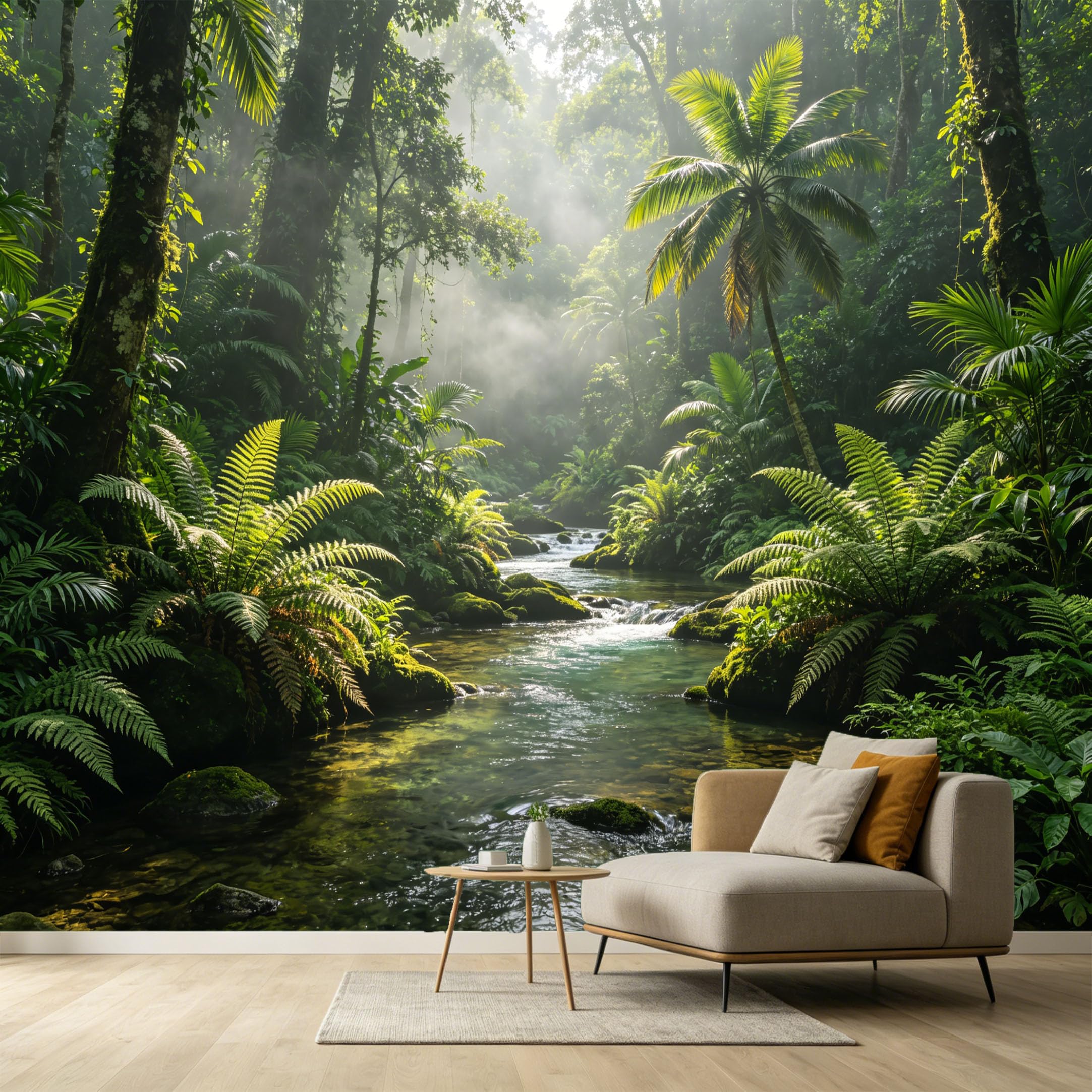 Custom Size Wall Murals Tropical Jungle River Sunbeams Mist Ferns Botanical Landscape SelfAdhesive Wall Fabric Removable Large Wallpaper for Photo Living Room