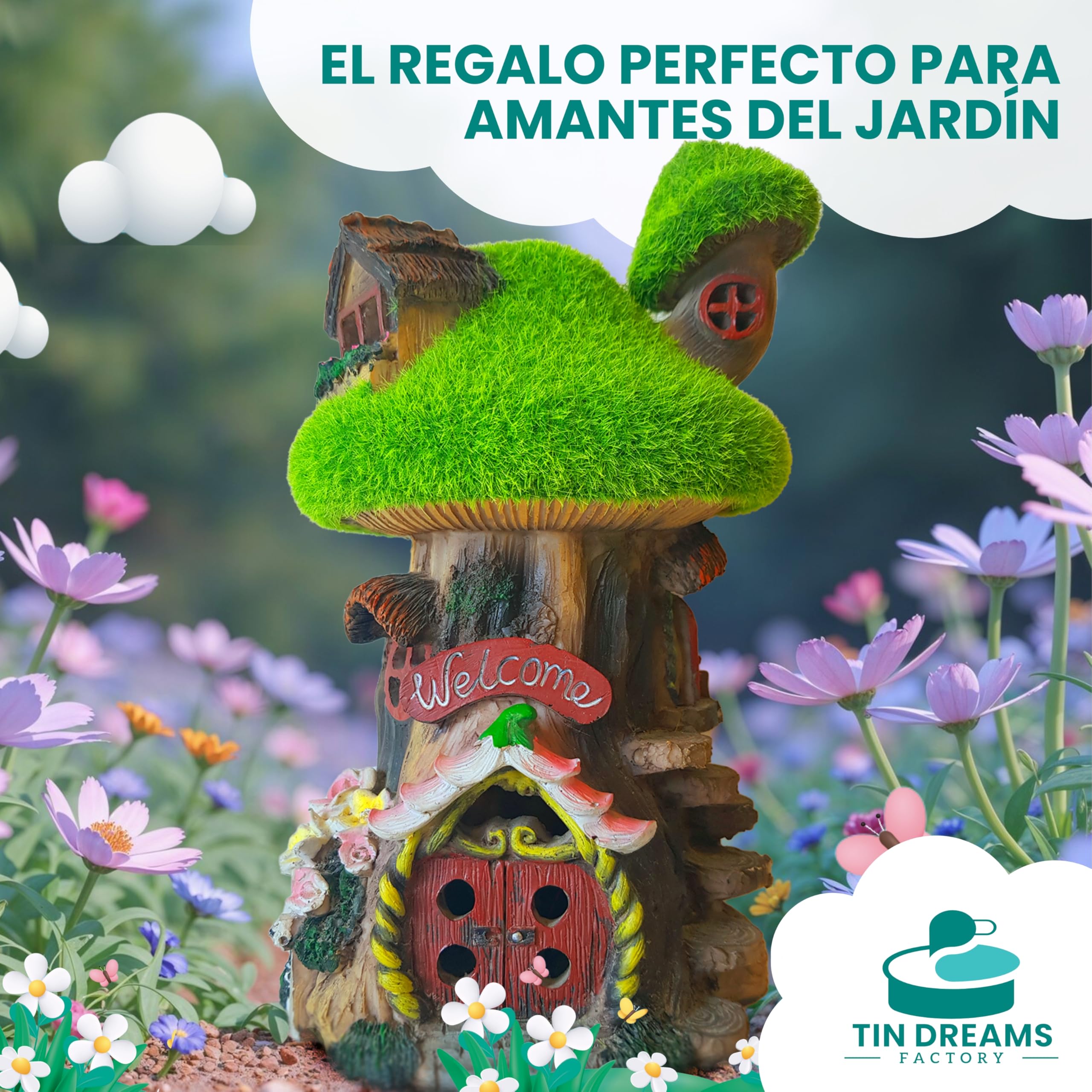 Casita de Hadas para Jardín con Luz Solar - Fairy Tree House en Resina - Decoración Exterior Jardín, Patio, Terraza - Adorno Mágico con Luz LED para Ambientes Encantados