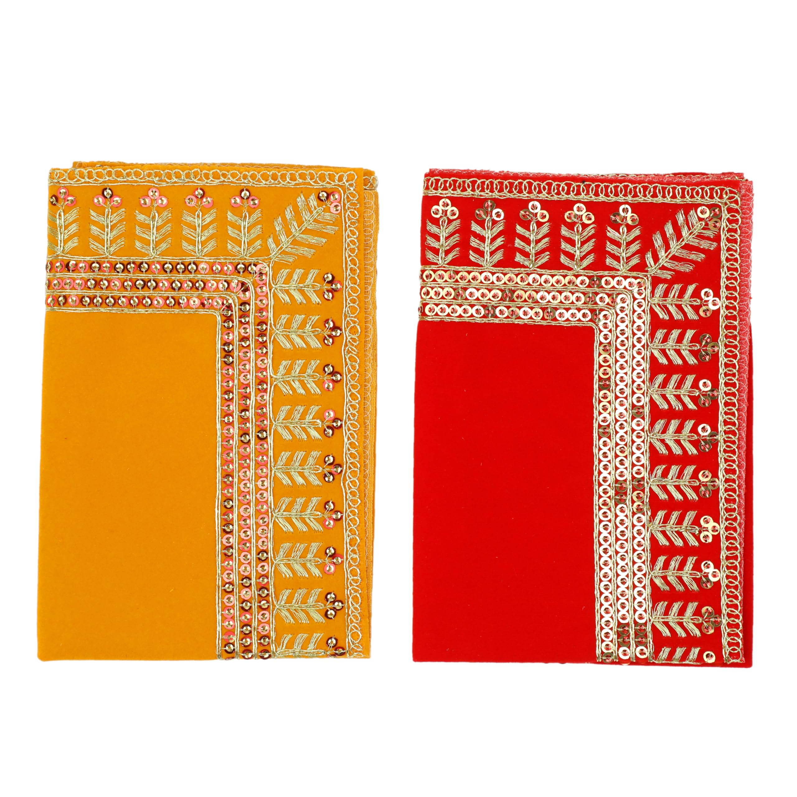 Set of 2 Decorative Mat Aasan Velvet Pooja Decorative Cloth (Size:-15 Inches X 15 Inches) for Multipurpose Indian Traditional Pooja Festival Diwali Decorations Item & Pooja Article(Red & Yellow)