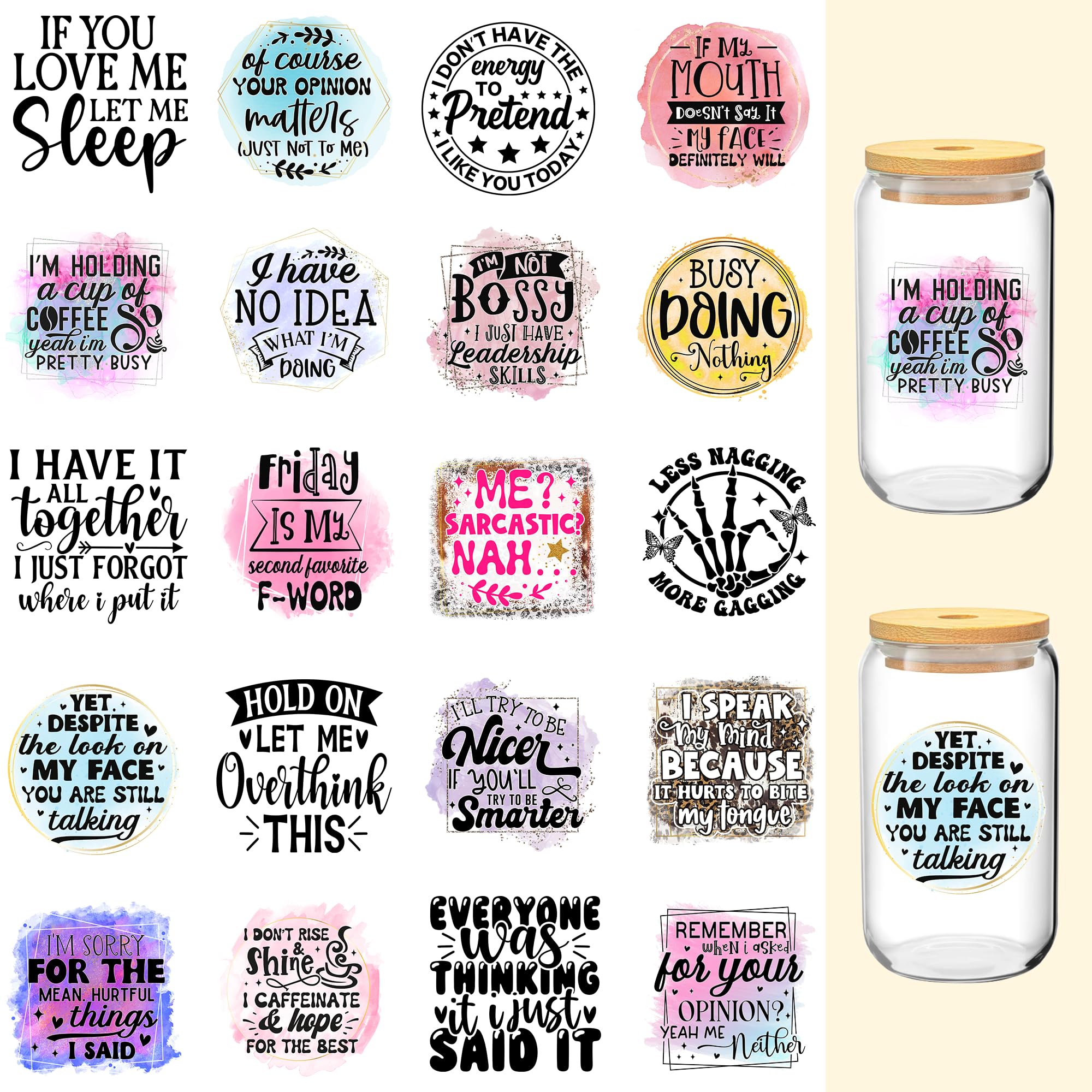 Funny UV DTF Cup Wraps - 20 Sheets Sarcastic Color UV DTF Cup Wraps for 16 oz Glass Mugs Coffee, Waterproof UV DTF Decals Stickers, Rub on Transfers for Laptop, Mobile Phone Case, DIY Crafts