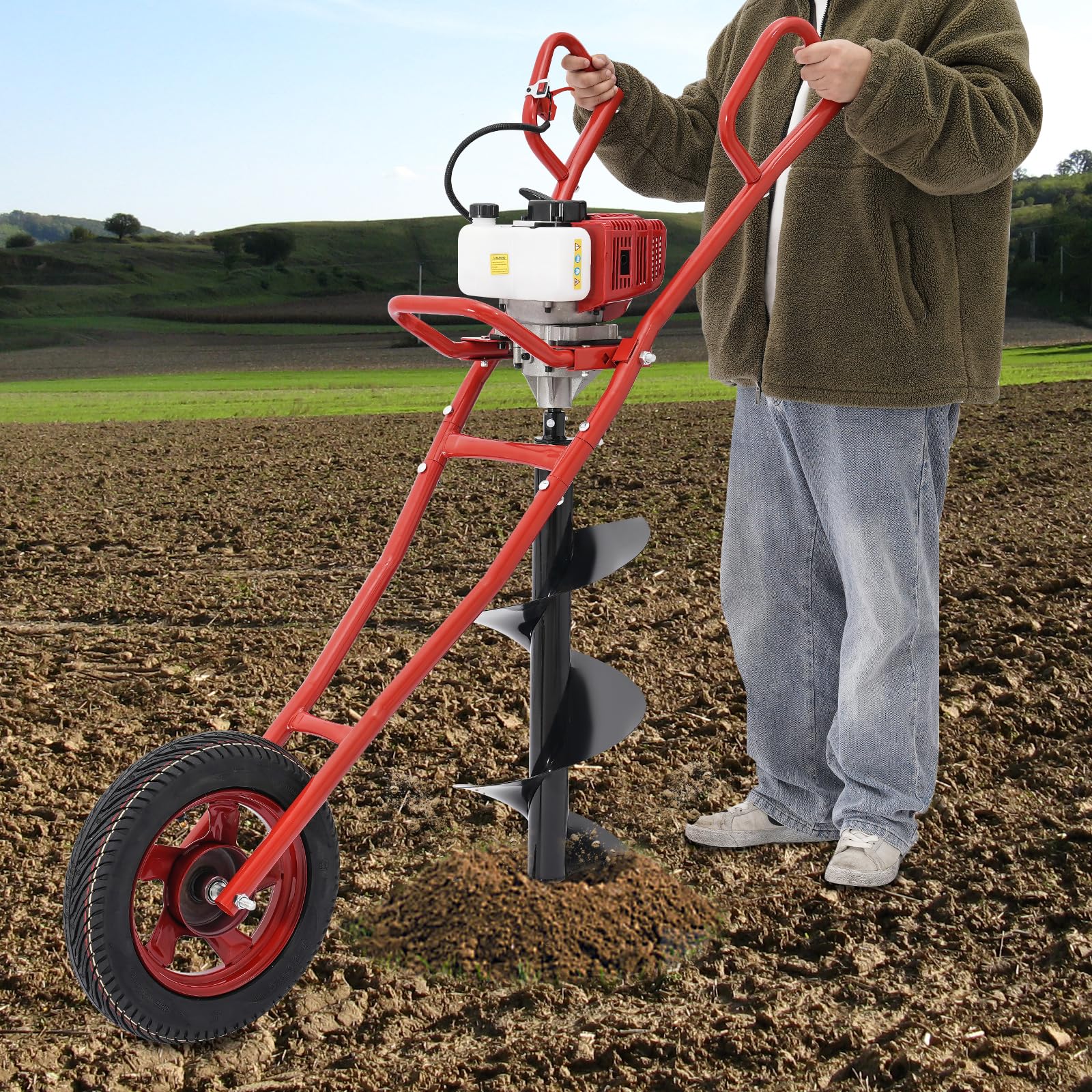 Ahoyadora Gasolina 2 Tiempos Motor 52CC 1,46KW Empuje Manual Ahoyador con 300mm Broca, Ruedas Profesional Barrena para Tierra Compactadora De Tierra para Huerto (Rojo)