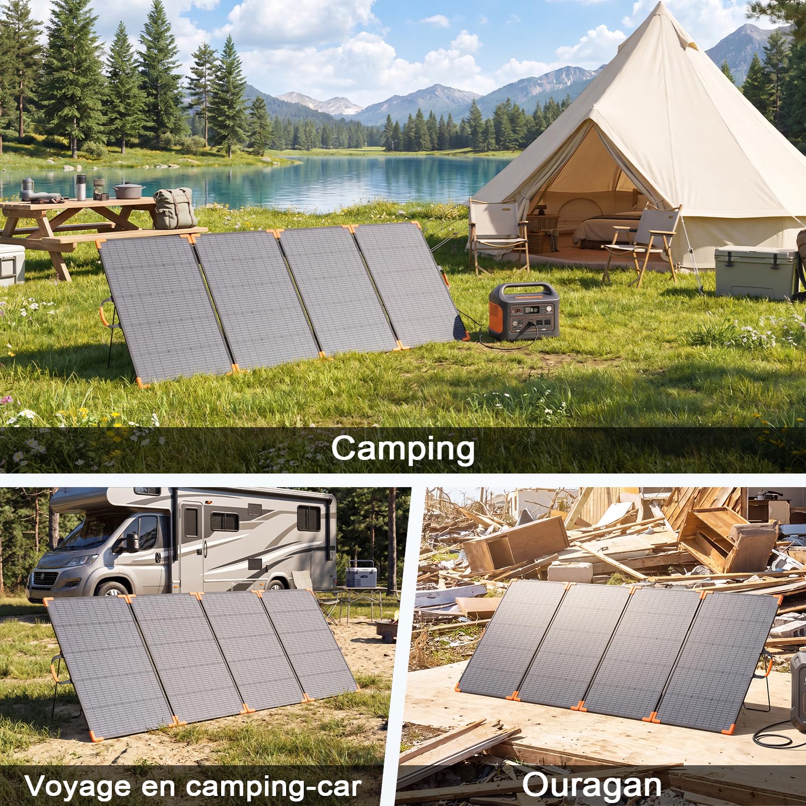Panneau solaire portable biface 400 W, chargeur solaire pliable léger 33 V pour centrales électriques, étanche IP68, avec 3 supports renforcés pour le camping | Panneau solaire léger pour centrale électrique, étanche IP68, avec 3 supports renforcés pour c