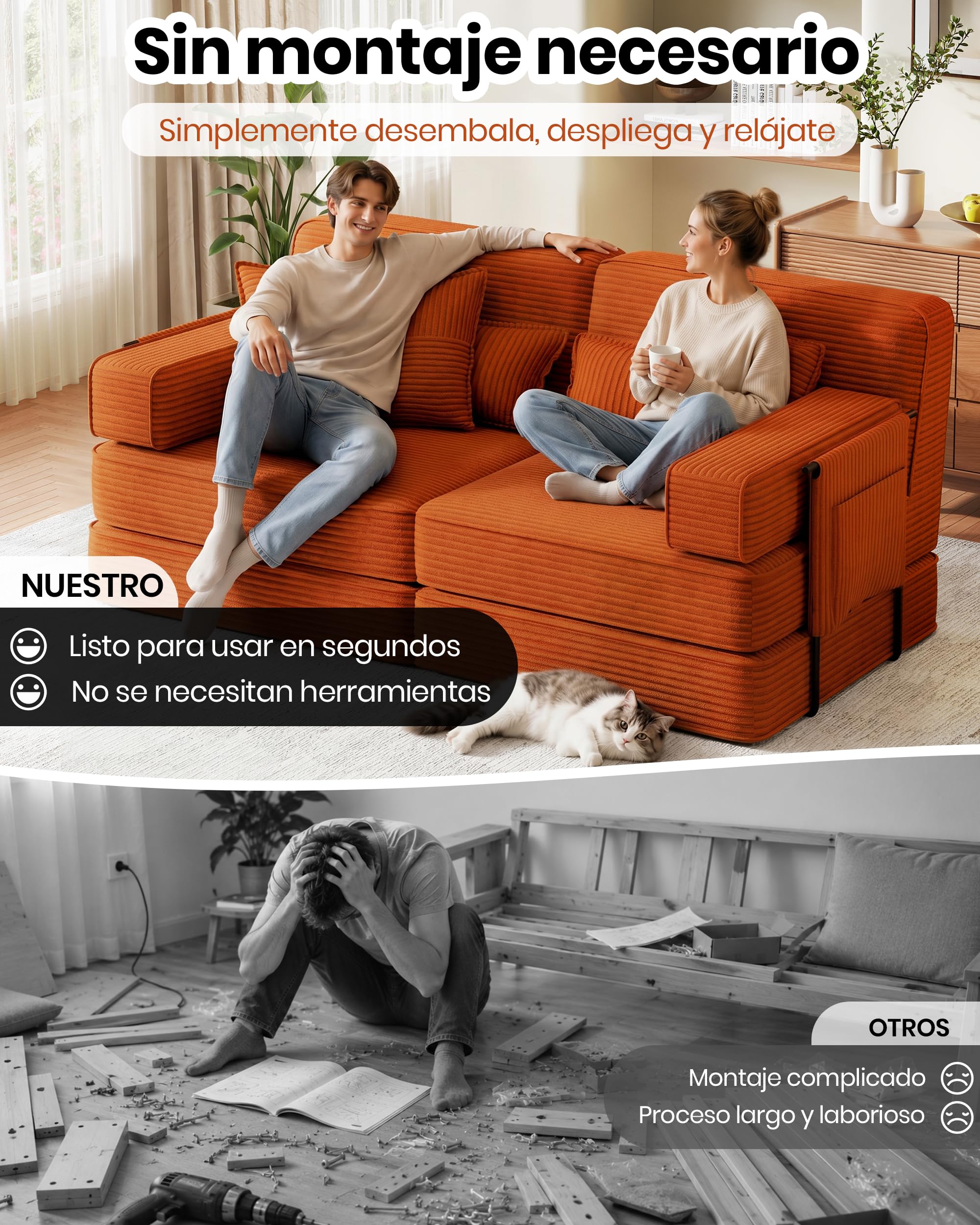 190cm Sofá Cama 2-3 Plazas con Espuma, Modular 5 en 1, Naranja | Versátil Sofá Cama de Pana con Asiento Profundo, Sofá de Suelo para Apartamento, Apto para Mascotas y Ergonómico