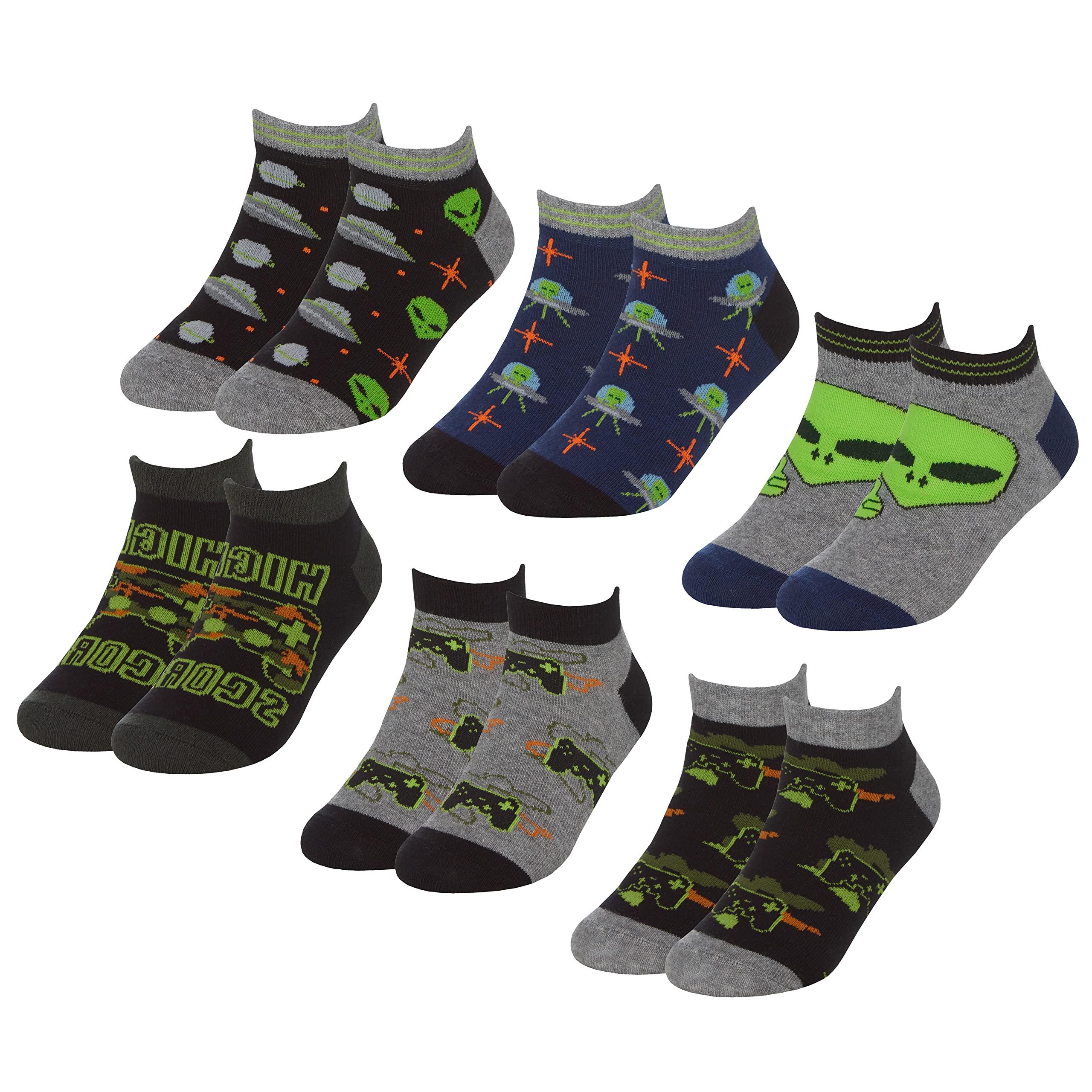 Metzuyan Boys 6 or 12 Pairs Trainer Liner Socks Cotton Rich Multipack Colourful Alien Game 12.5-3.5