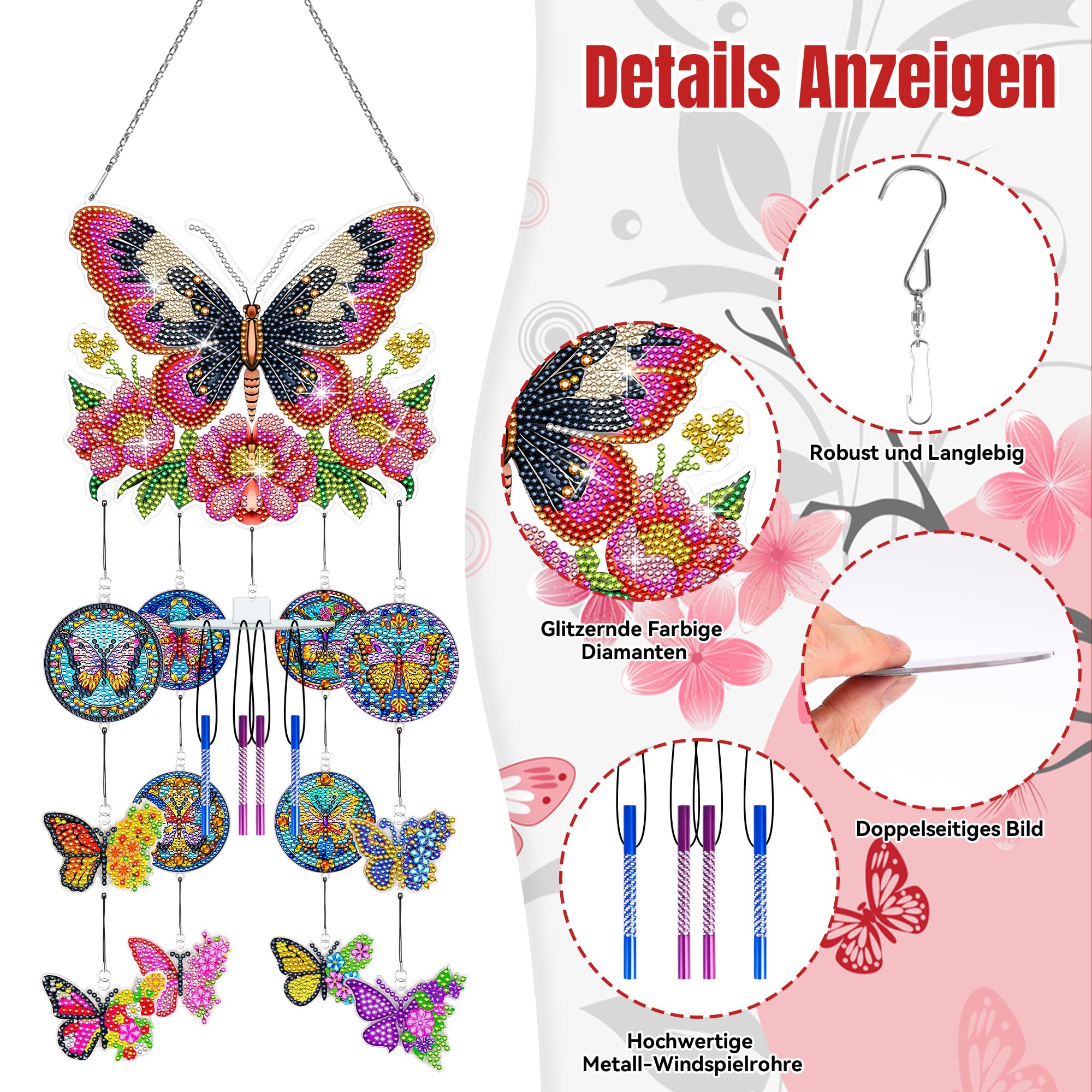 Set fai da te con diamanti per pittura a forma di sole, set di ciondoli a forma di farfalla, 5D, con cristalli su entrambi i lati, set per decorazioni per la casa, il giardino, le finestre