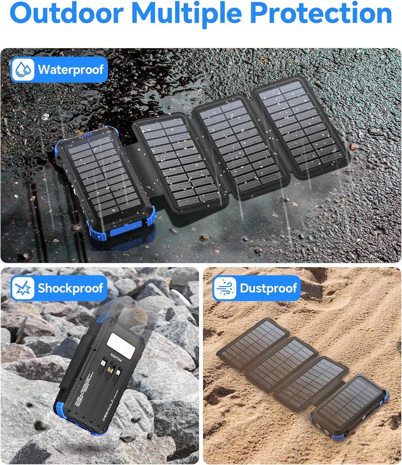 Solar Power Bank 45800mAh with 4 Panels, Portable Solar Charger with Build-in 3 Cables for iPhone, USB C in/Output 15W Fast Charging External Battery Pack with Flashlight & Camping Light