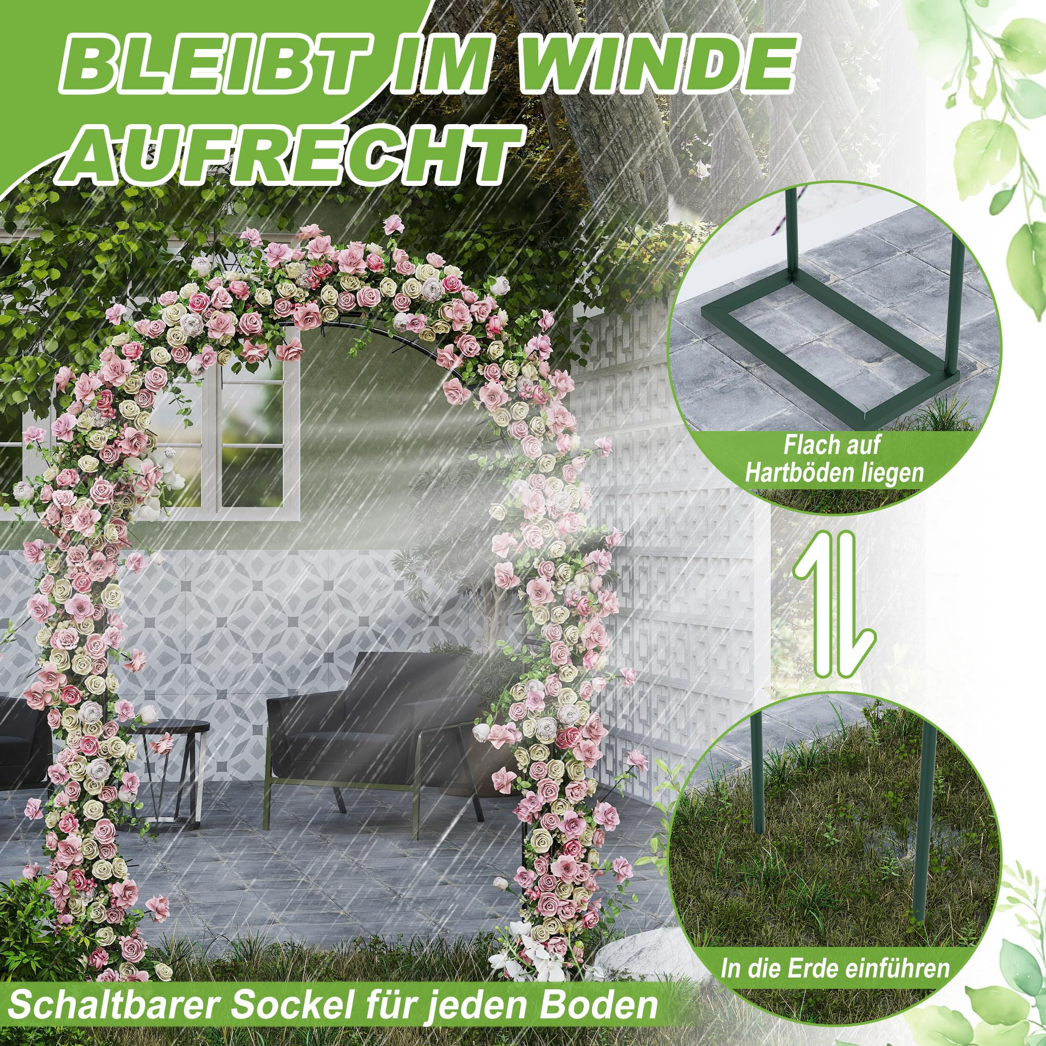 FIVMEN Arco per rose in metallo, 240 x 192 x 38 cm, resistente alle intemperie, per piante rampicanti e rose, colore: verde