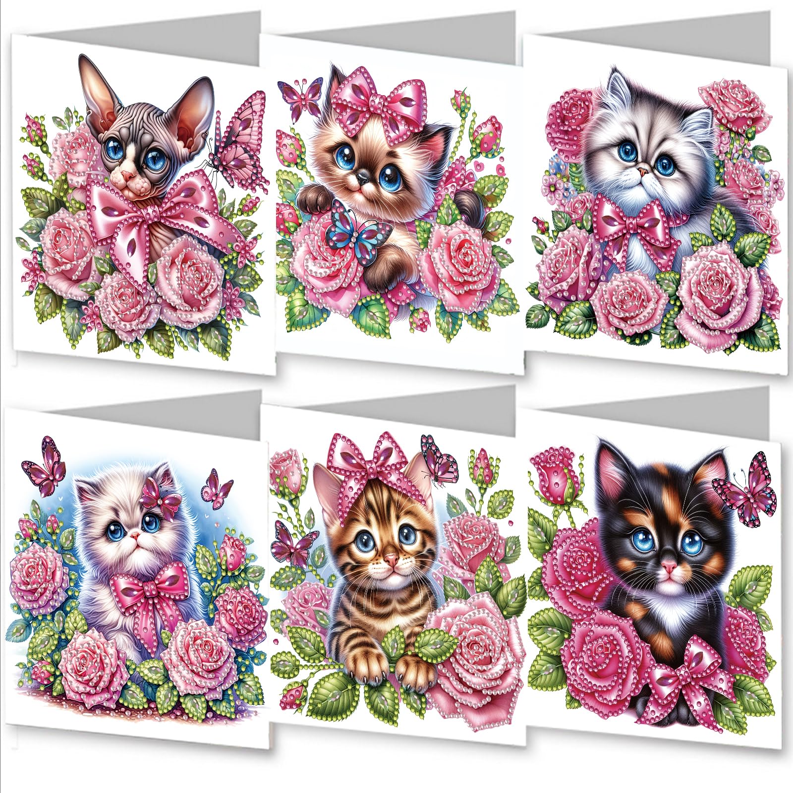 WOWDECOR Diamond Art Greeting Cards Kit Kitten Rose Butterfly, Pack of 6 DIY Diamond Painting Cards Sets, 5D Diamond Art Best Wishes Cards with Envelopes, Postcards for Handmade