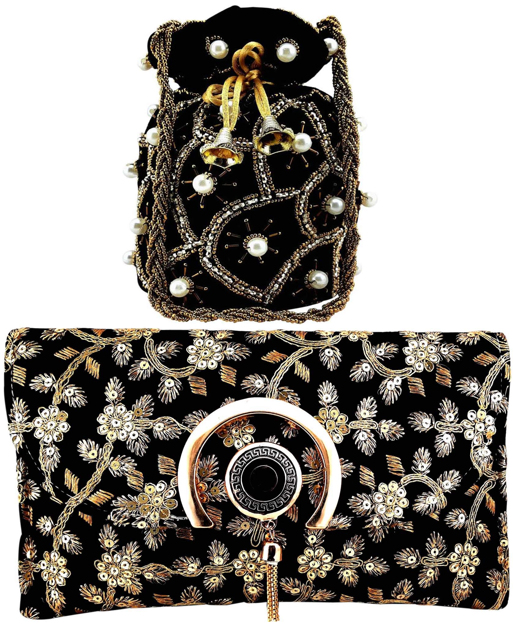 Lookingfab Women's Handicrafts Handmade Rajasthani Style Decorative Silk Velvet Potli with Purse (Black)-picture-32
