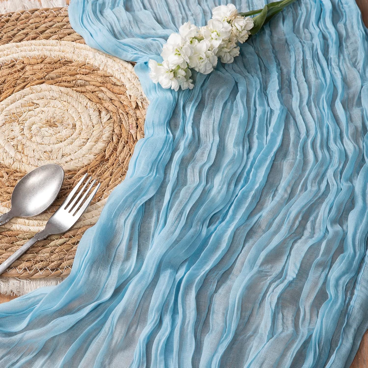 DOLOPL 8PCS Baby Blue Cheesecloth Table Runner Bulk 13.3ft Boho Gauze Cheese Cloth Table Runner Rustic Sheer Runner 160inch Long for Wedding Bridal Baby Shower Birthday Party Cake Table Decorations