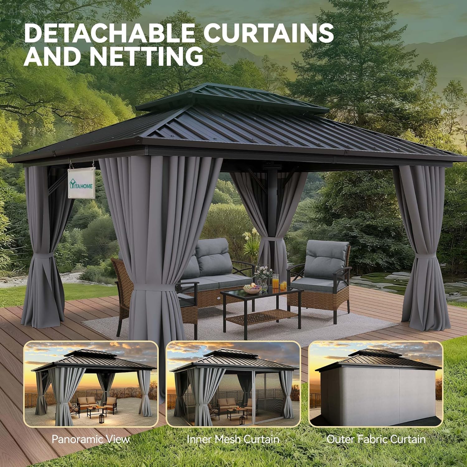 YITAHOME 10X12FT Hard Top Gazebo Aluminum Frame Patios Double Roof Canopy Garden Metal Gazebo Tent Curtains Netting for Patios Backyards Decks Lawns, Gray