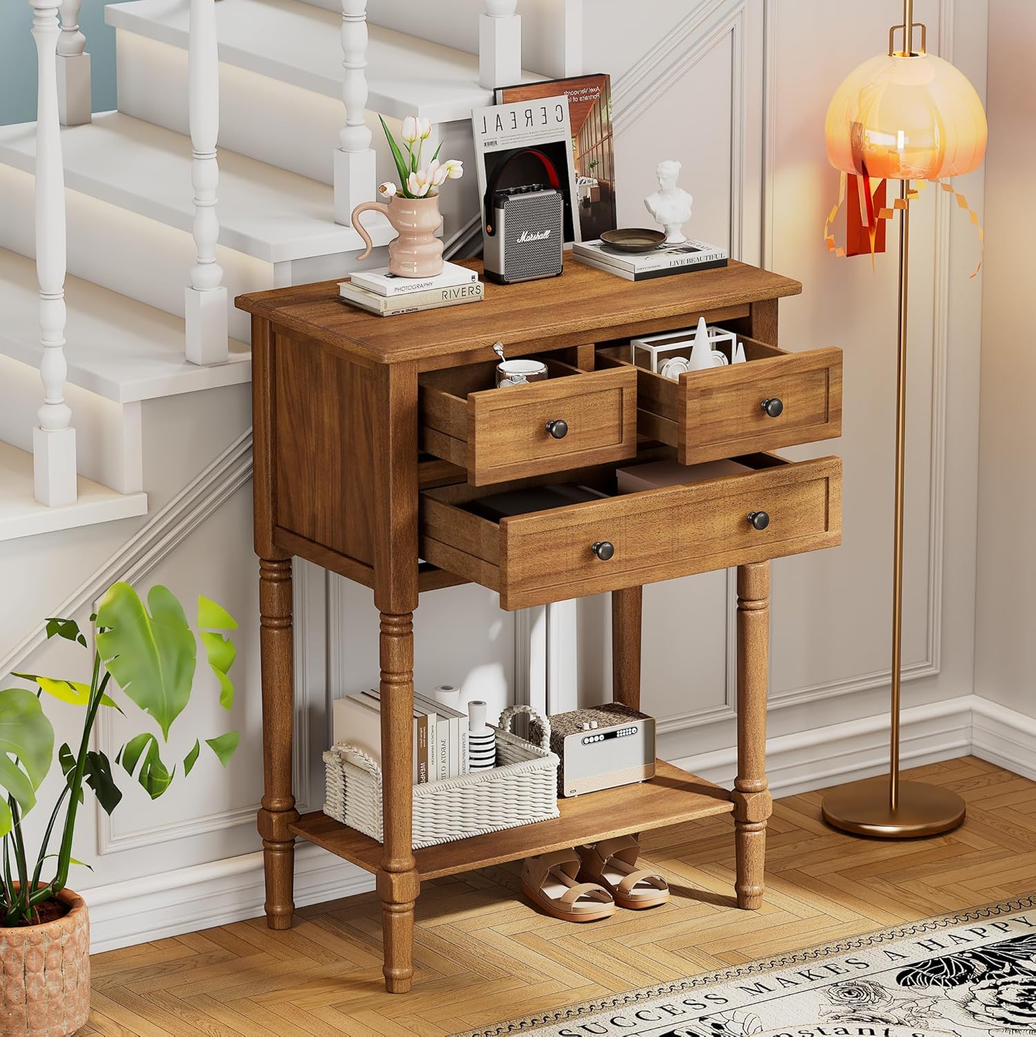 Knocbel Slim Antique Entry Console Table with 3 Drawers & Bottom Open Shelf, Solid Wood Narrow Sofa Couch Table for Entryway Hallway Living Room 23.7" W x 13" D x 31.4" H Natural