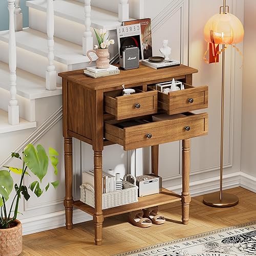 Miniatura 3 de Knocbel Mesa consola de entrada antigua delgada con 3 cajones y estante inferior abierto, mesa de sofá estrecha de madera maciza para entrada,