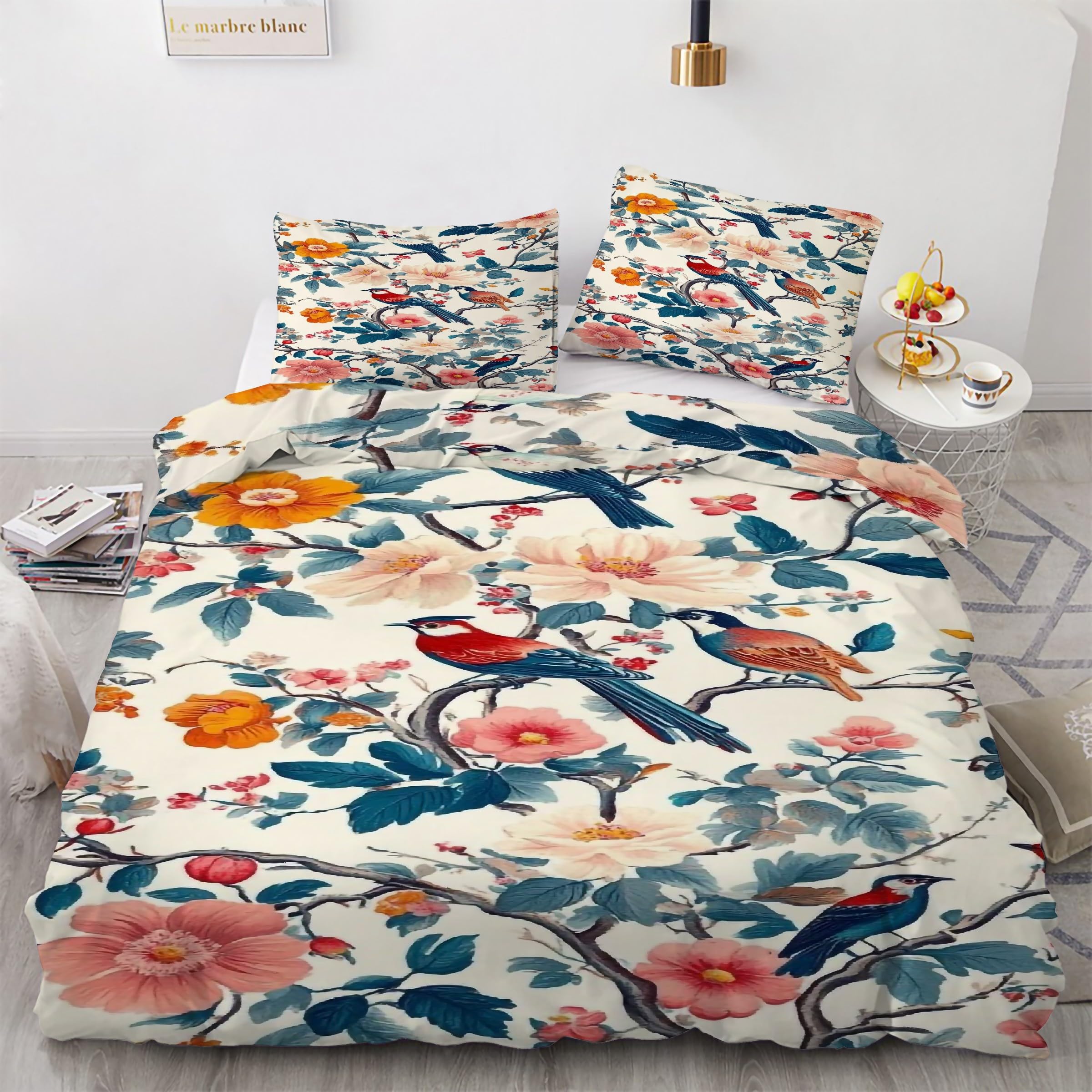 Parure de lit oiseau et fleurs 200x200, parure de lit 3 pièces en microfibre premium