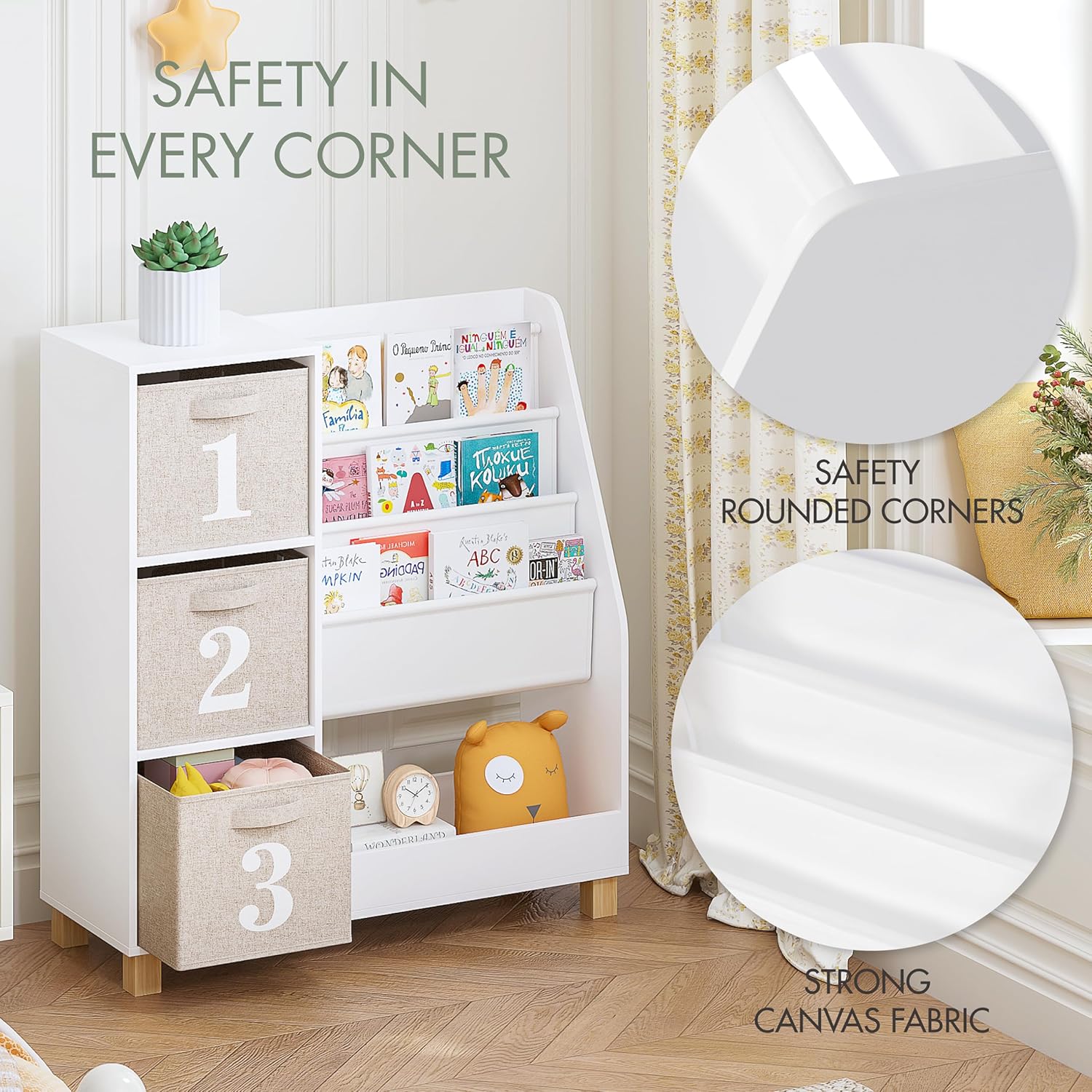 Spirich Kids Bookshelf with Storage Bins, Children Cube Storage Organizer, Montessori 3-Tier Book Display Rack, Book Shelf for Kids Rooms, Playroom, Nursery, White - Image 9