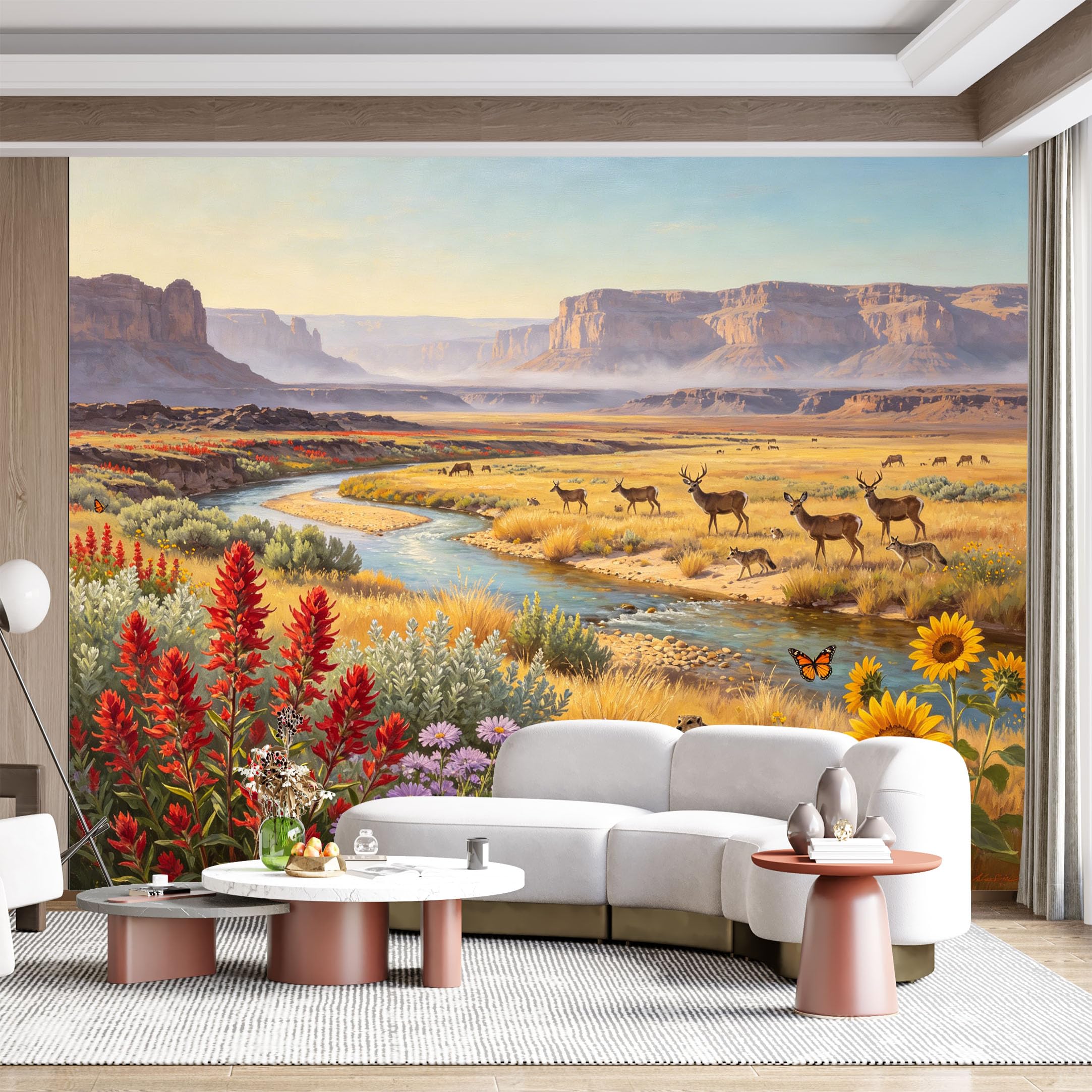 Custom Size Wall Mural Desert Canyon River Wildlife Oil Painting SelfAdhesive Wall Fabric Removable for Home Office Decor