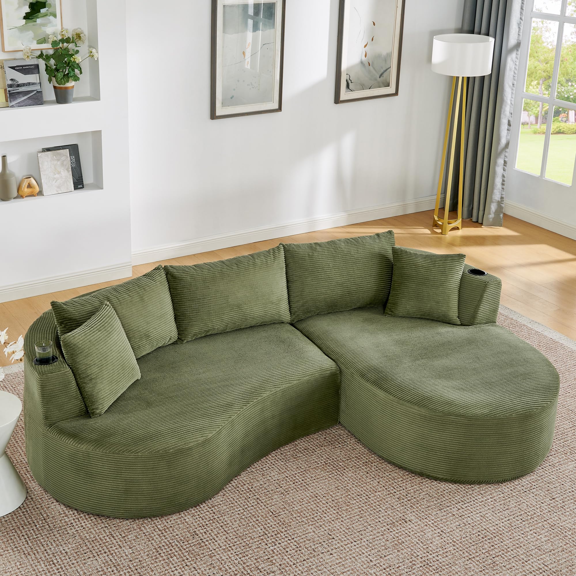Muskel 3-Sitzer Kompressionssofa,Rechte Chaiselongue+2-Sitzer, Bogenförmiges Design, weicher Kordstoff, mit Getränkehalter und Kissen, vakuumverpackt, für Wohnzimmer, Hotel, Apartment und Büro,Green