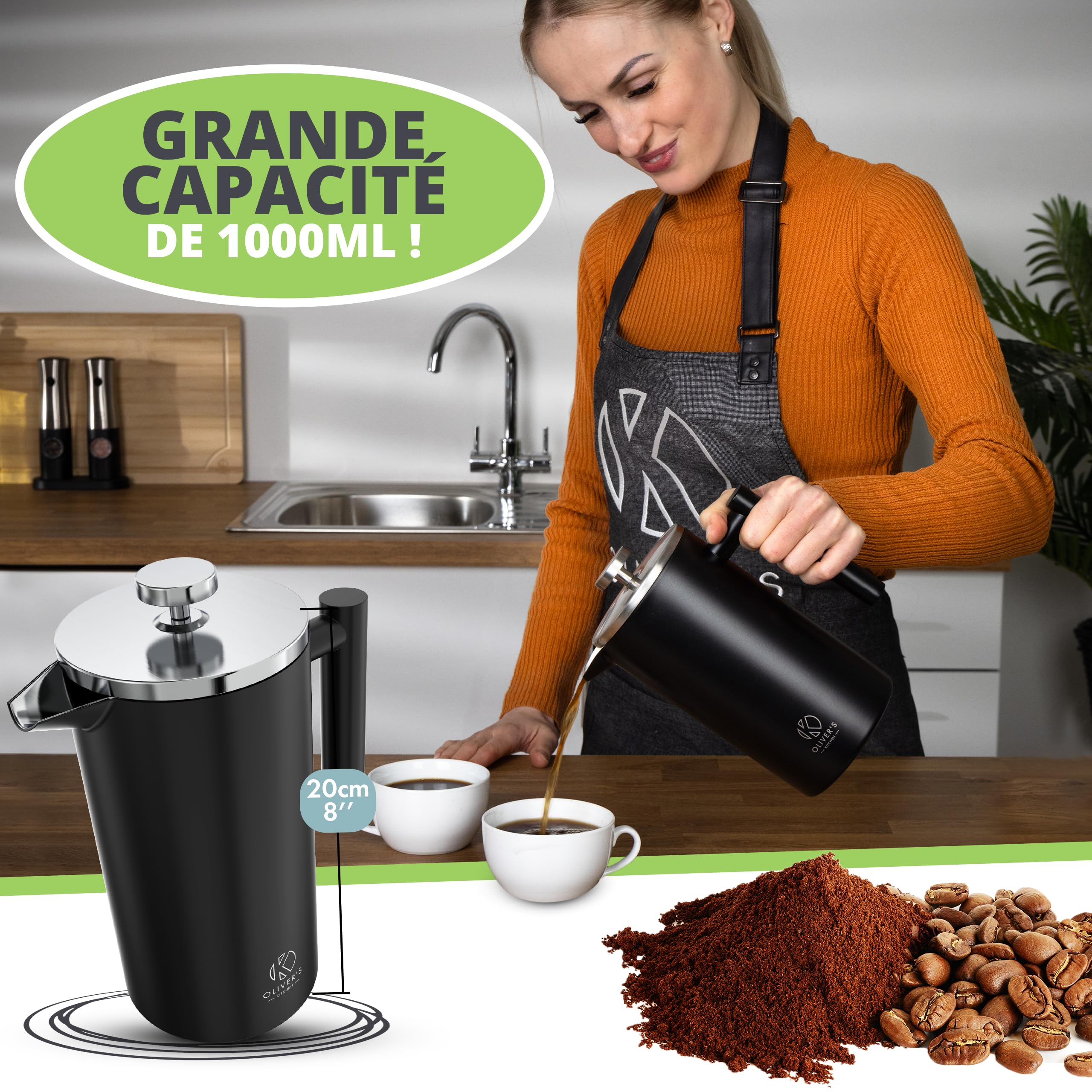Oliver's Kitchen ® Cafetière à Piston Isotherme à Double Paroi de Qualité Supérieure - Noir - 1 litre