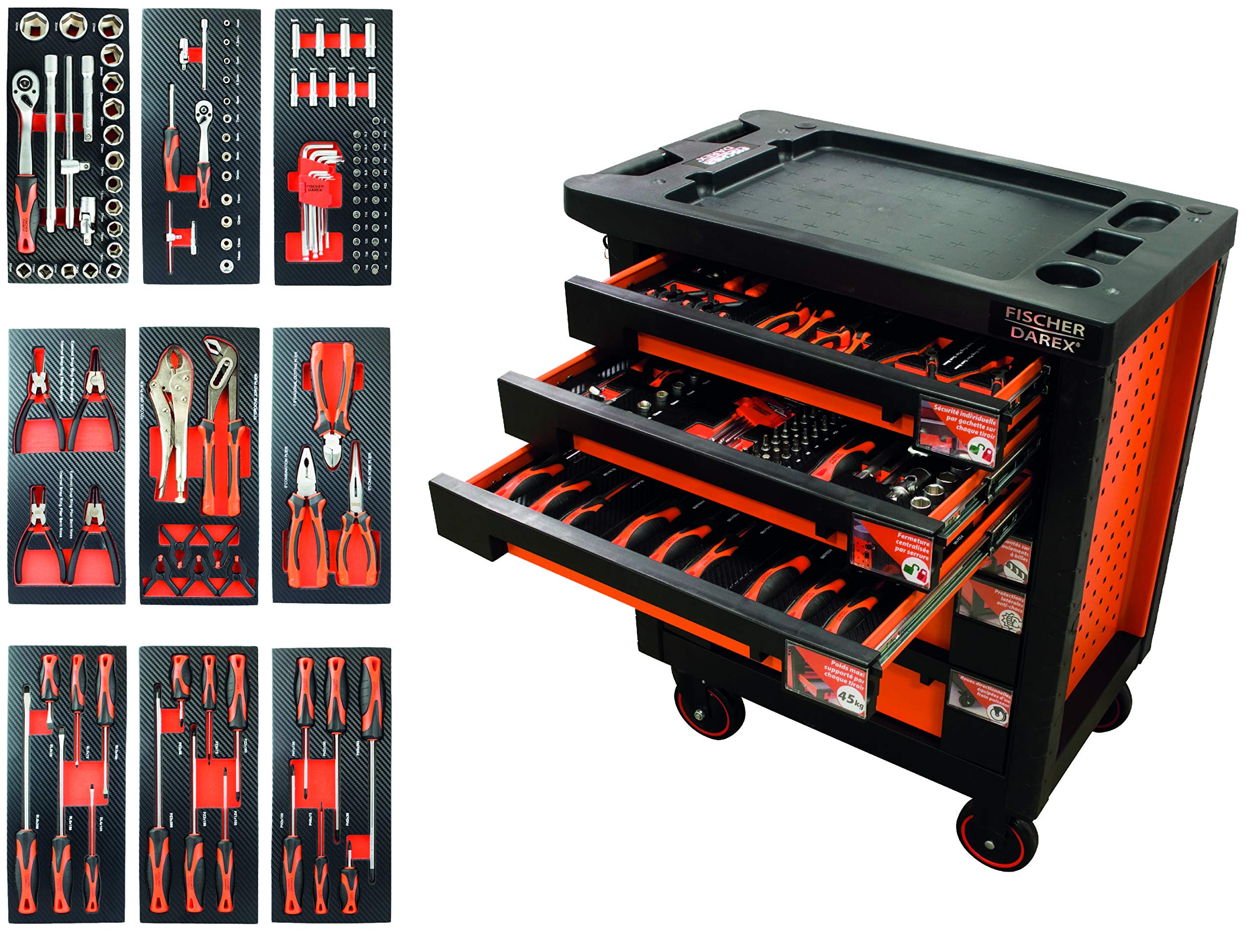 Servante d'atelier équipée pinces + clés + tournevis 114 outils