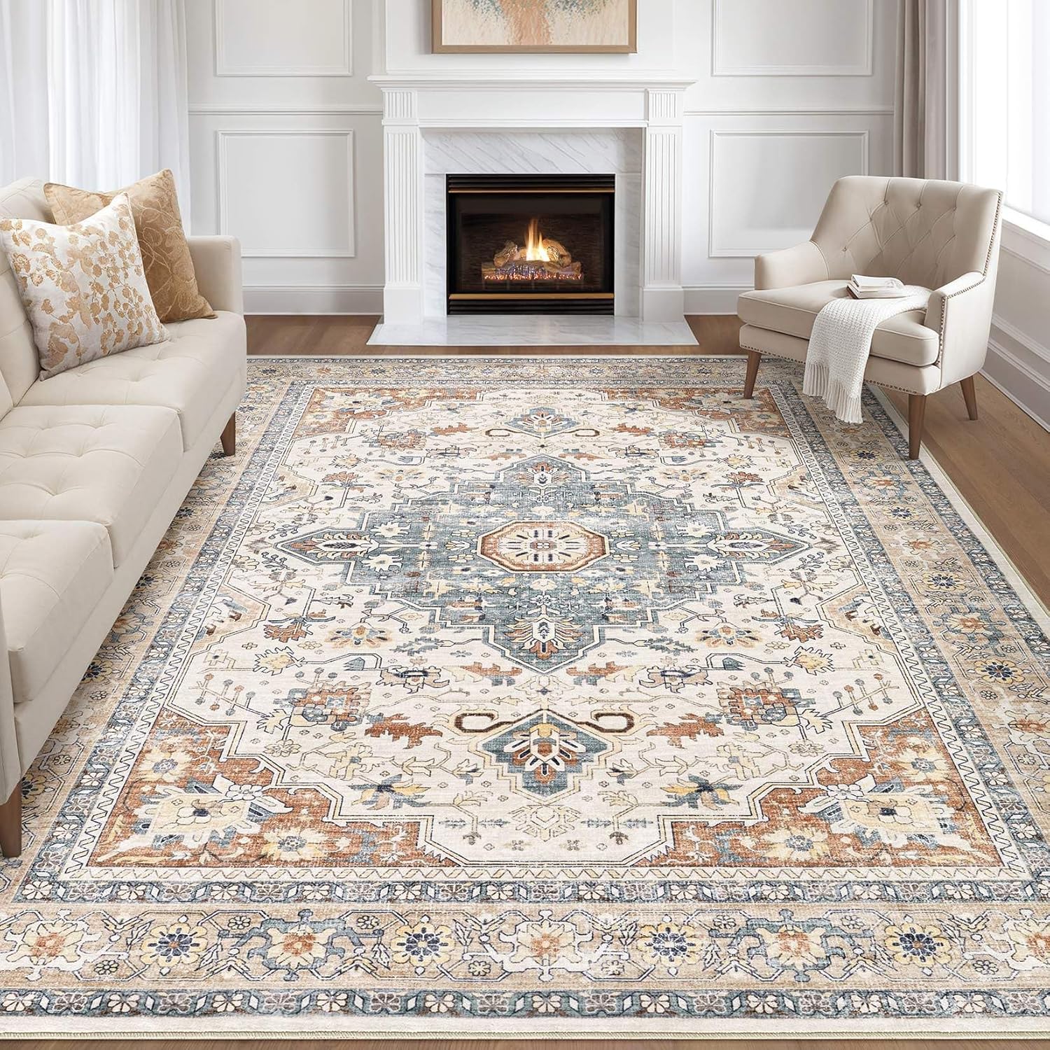 12x15 Area Rug Living Room: Washable Boho Large Neutral Vintage Soft Rugs Stain Resistant Distressed Farmhouse Non-Slip Indoor Floor Carpet for Bedroom Nursery Kids Office Dining Room- Beige Blue Beige Blue 12' x 15' (Rectangular)
