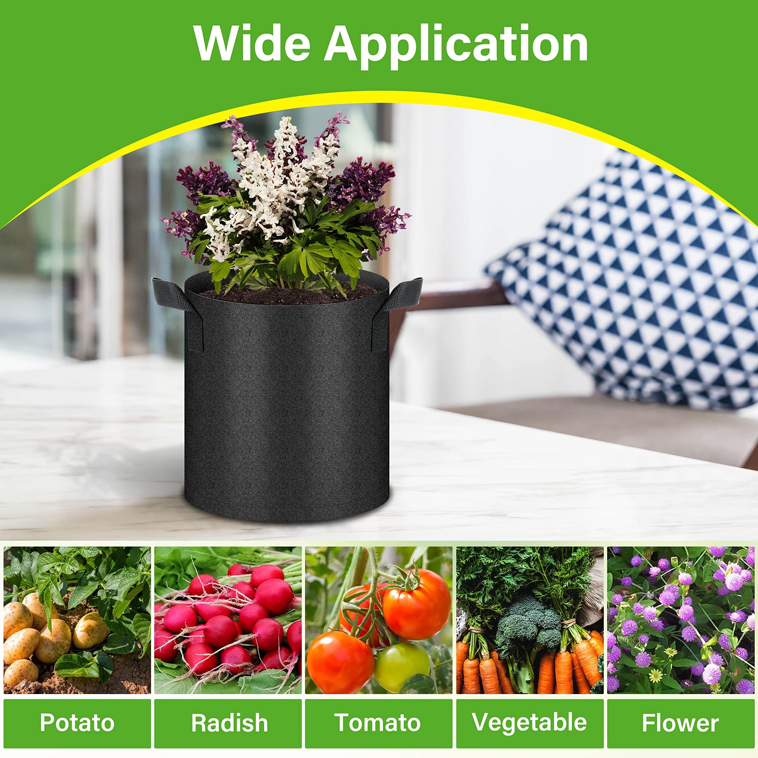 HealSmart Paquete de 6 bolsas de cultivo de 2 galones, macetas de tela de aireación no tejida con asas, macetas de tela, adecuadas para frutas de jardín, verduras, tomate y flores, color negro
