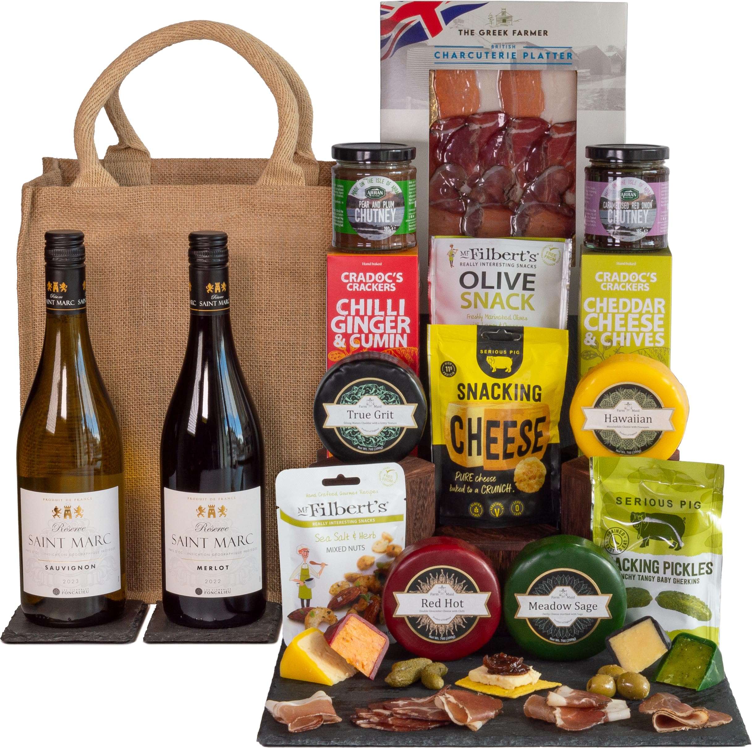 InterHamper | Wines and Cheeses Charcuterie Galore Hamper Gift with Cured Meat all presented in a Hessian Bottle Bag
