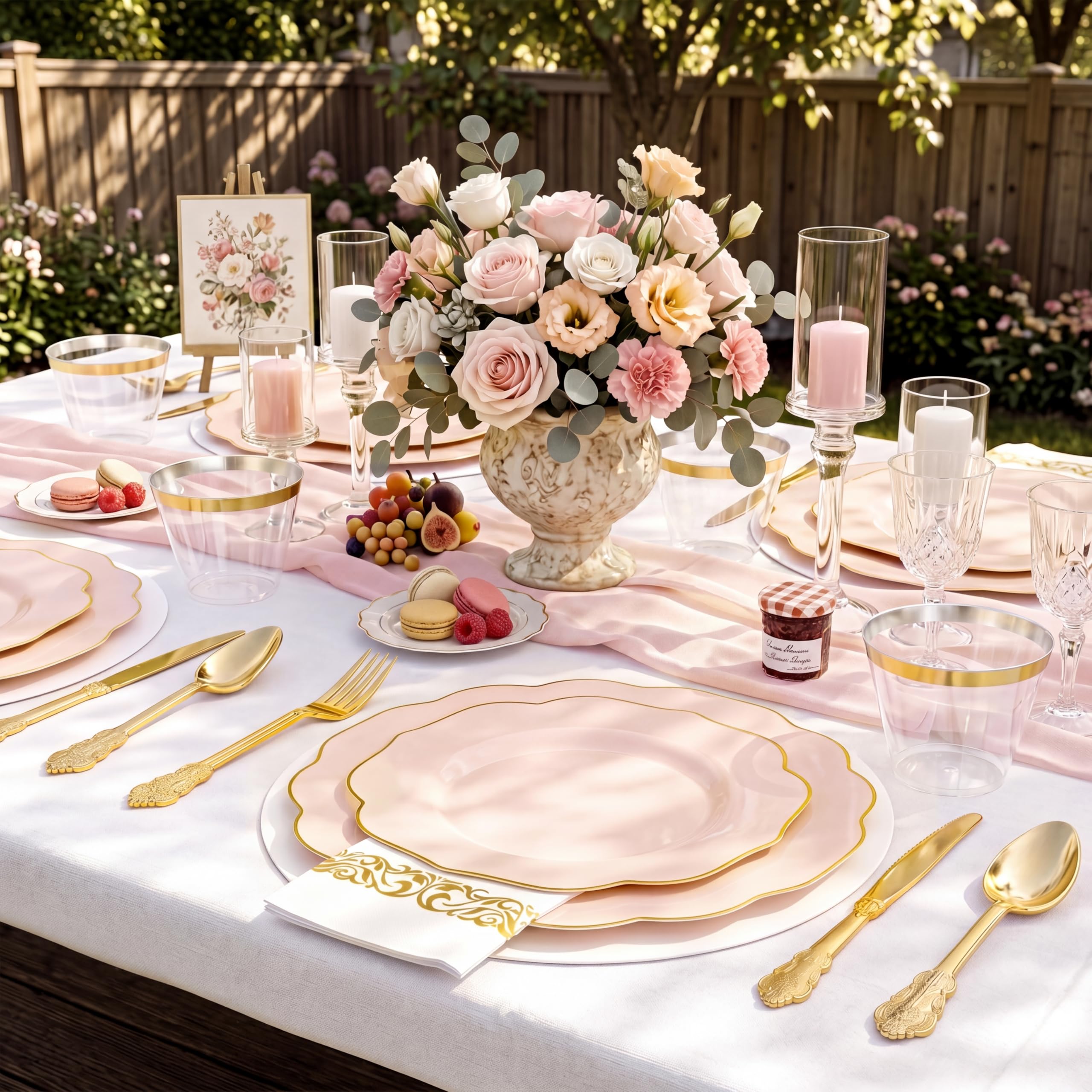 Pink Plates & Gold Cutlery Set - Party Supplies -7 Pink Plates & Gold Cutlery Set - Party Supplies -7