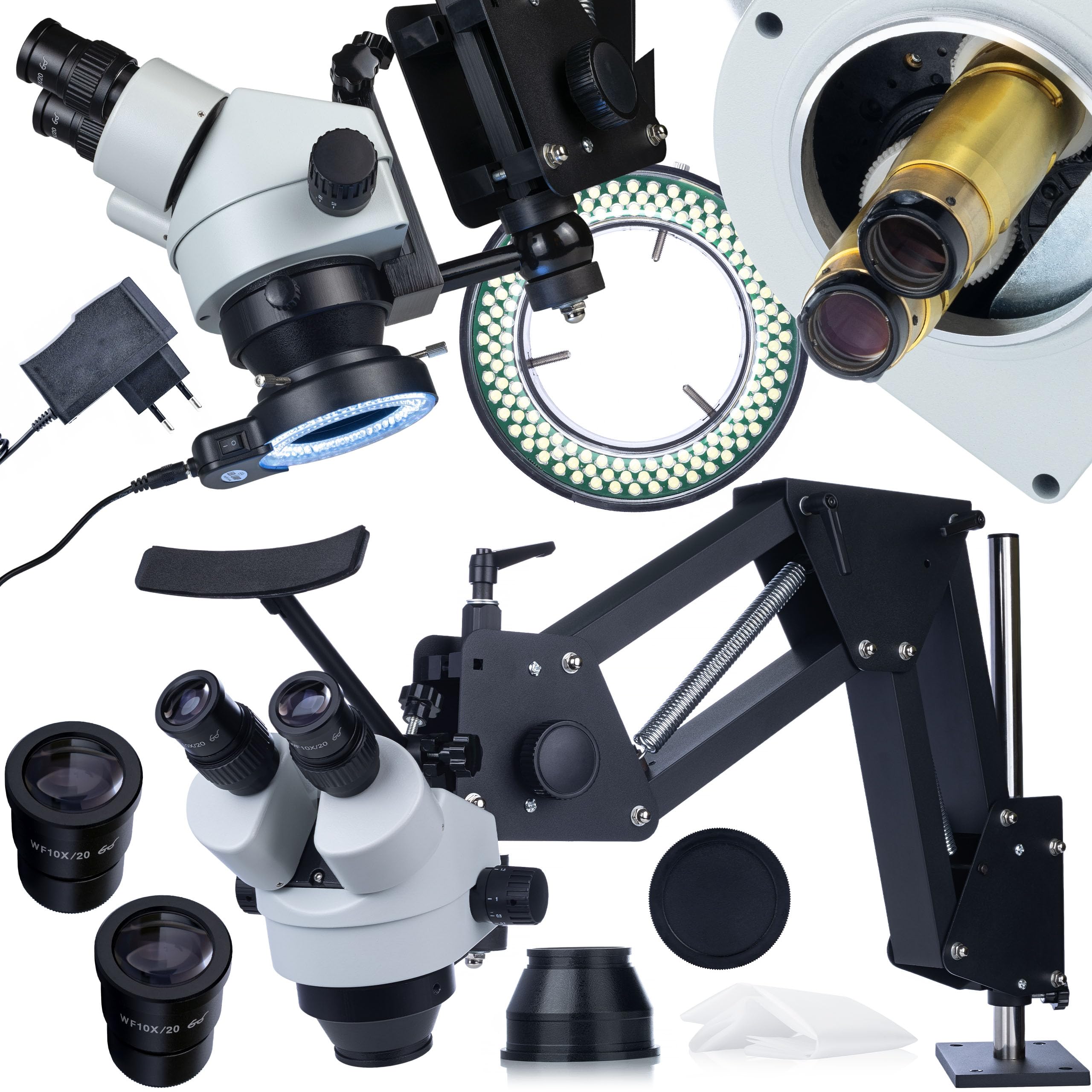 Rosfix Proxima Pro MSPP-B-WDMS2 mikroskop stereoskopowy 7x–45x zoom, 144 diody LED, głowica okularna 360°, ramię przegubowe 800 mm, do elektroniki, biżuterii, profesjonalny mikroskop