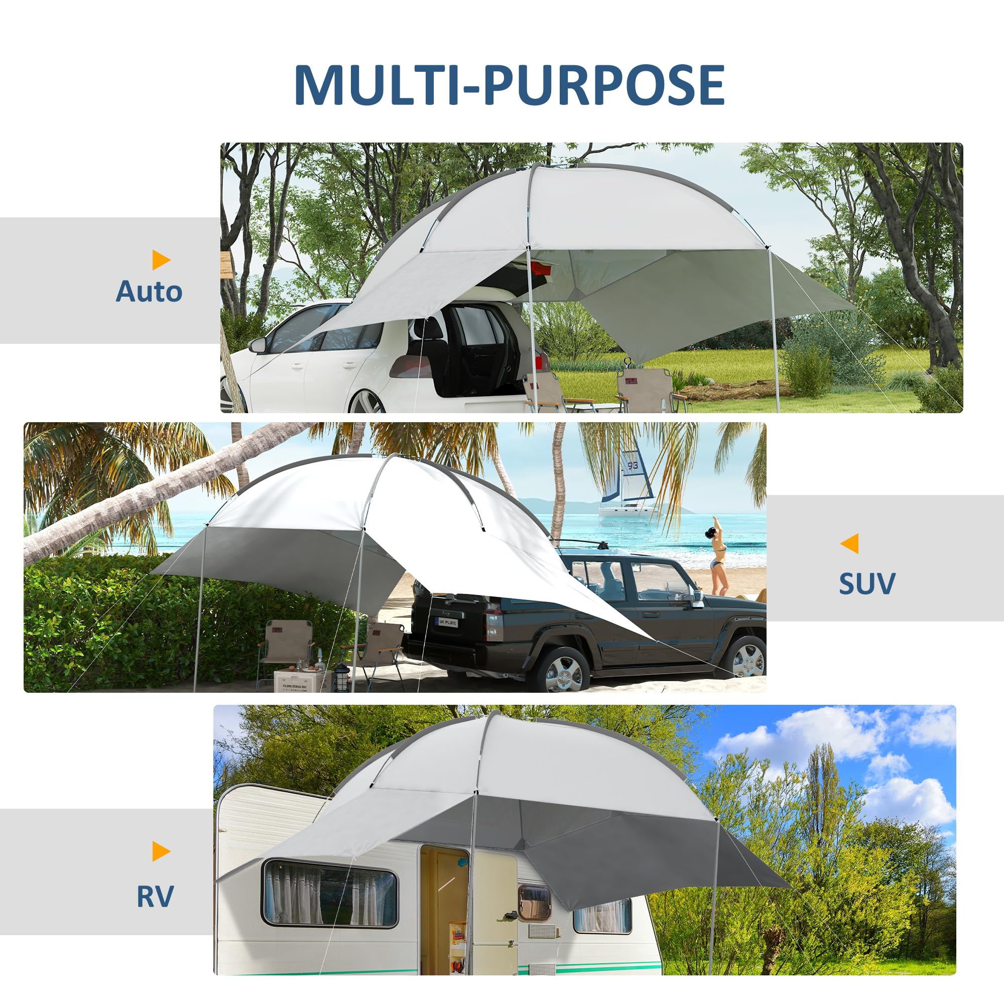 Outsunny Tendalina ad Arco Portatile con Pareti Laterali e Paletti Regolabili, Tenda per Auto in Poliestere, Acciaio e Fibra di Vetro, 300x262x230-260 cm, Grigio Chiaro