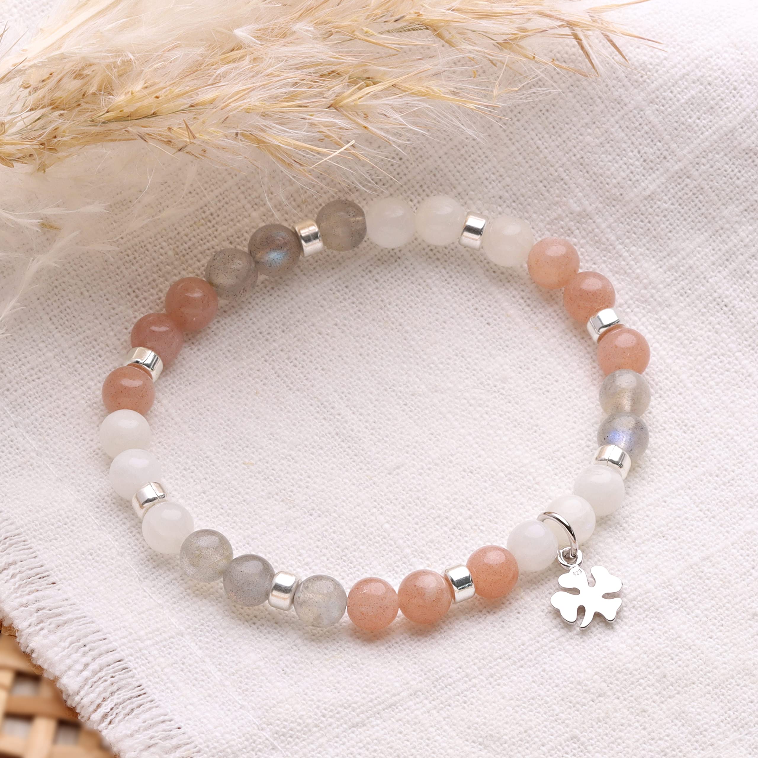 Glücksarmband Damen Moonlight mit Kleeblatt, Glücksbringer-Geschenk, Talisman, Silber, Gold- oder Rosègold plattiert