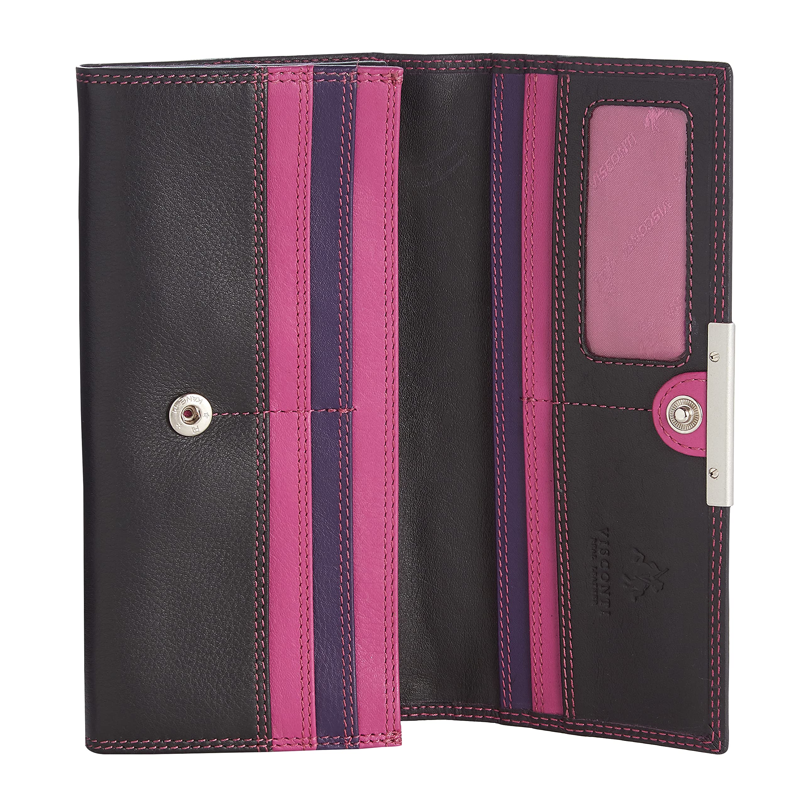 Visconti Portafoglio Donna 100% Vera Pelle - Protezione RFID - XL 18 x 9 cm - Portafoglio con Bottone Automatico per Extra Sicurezza Portafoglio Bifold con Confezione Regalo 'Rio' - Nero/Viola