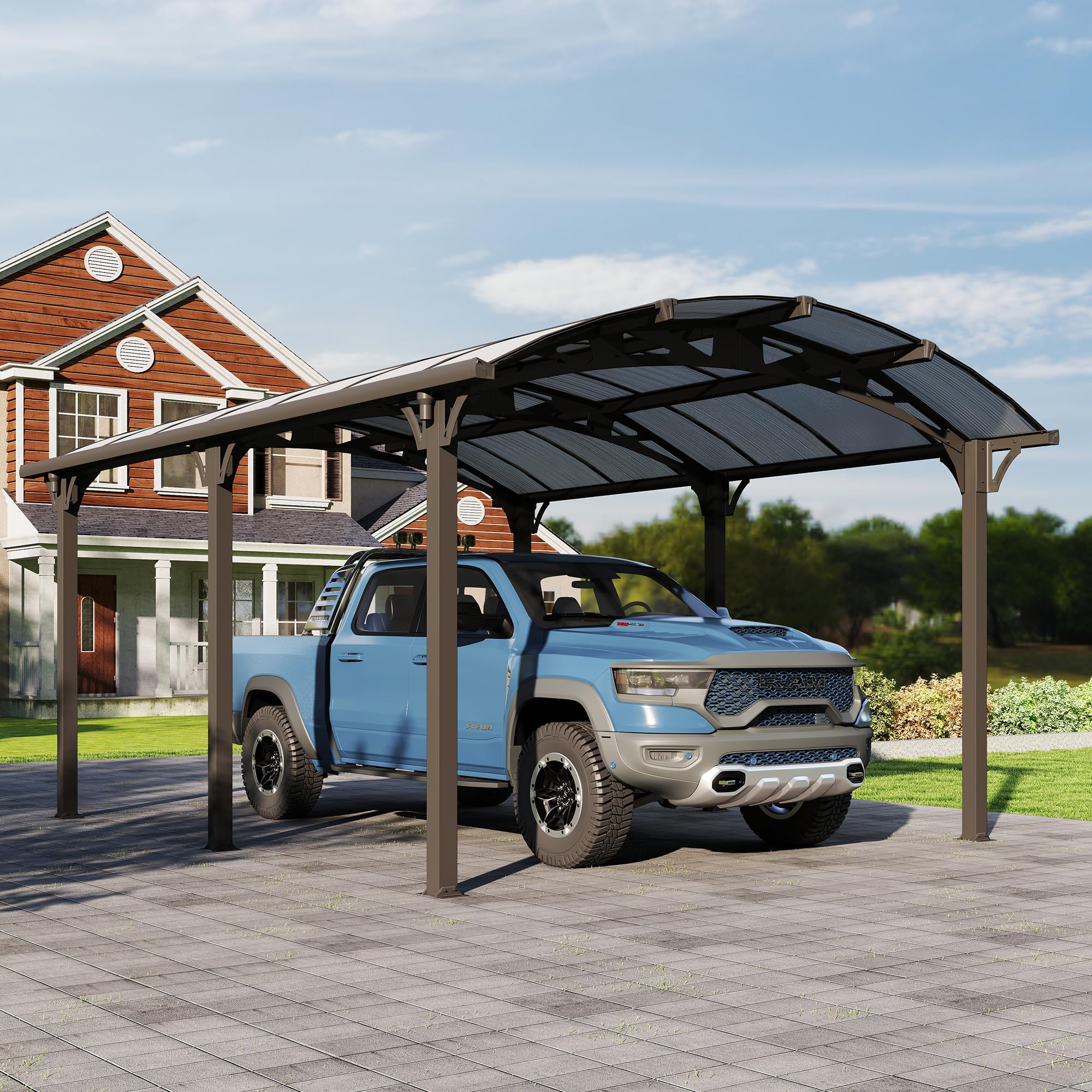 PURARELAX Heavy Duty Carport, 12x16ft Carport with Arch-Roof Polycarbonate Panel, Garage Car Shelter Outdoor Storage Shed for Cars, Boats and Trucks,