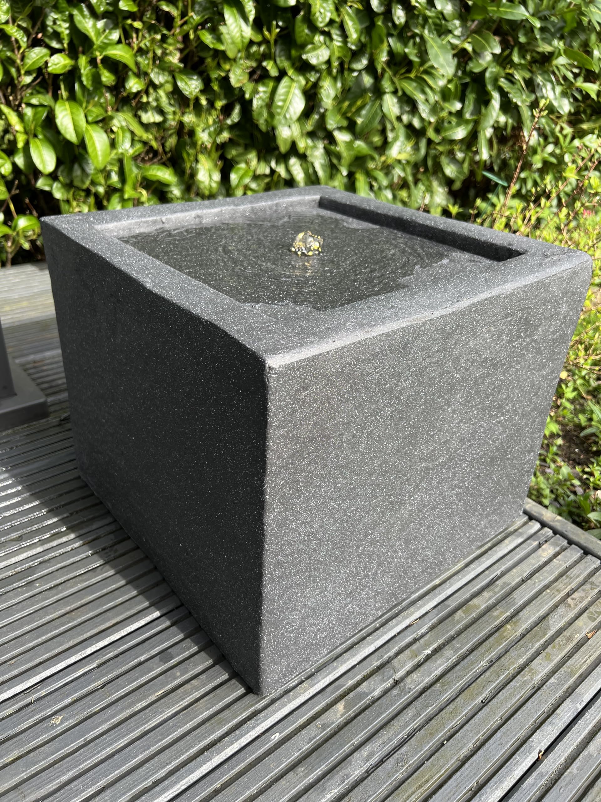 allpondsolutions Square Water Feature with LED Lights in Dark Grey, Freestanding, 3m Cable - 37x37x30cm