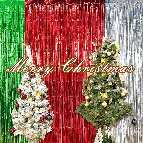 Miniatura 5 de Crosize Paquete de 3 cortinas de flecos de papel de aluminio rojo de 3.3 x 9.9 pies, decoración de fiesta, telón de fondo de cortina de oropel rojo