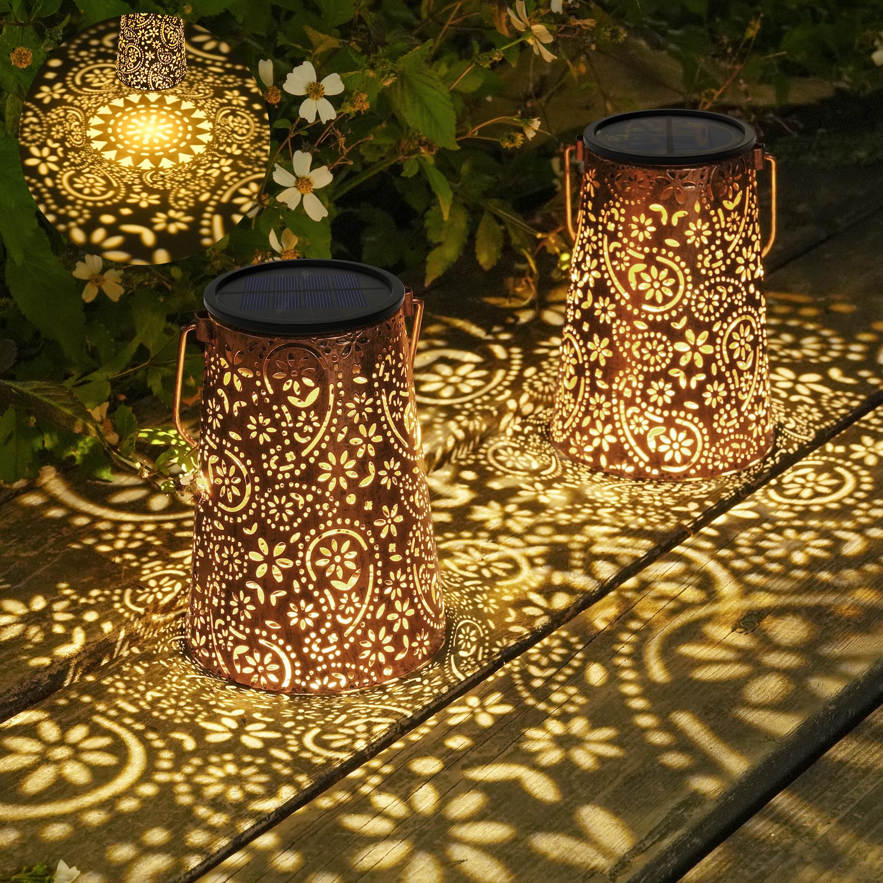 JOYCREATOR 2 Stück Solarlaterne für Außen Wasserdicht, Paisley Solar Laternen für Draußen Hängend, Metall Deko Solarlampen für Außen Garten für Terrasse Patio Baum Rasen Vintage