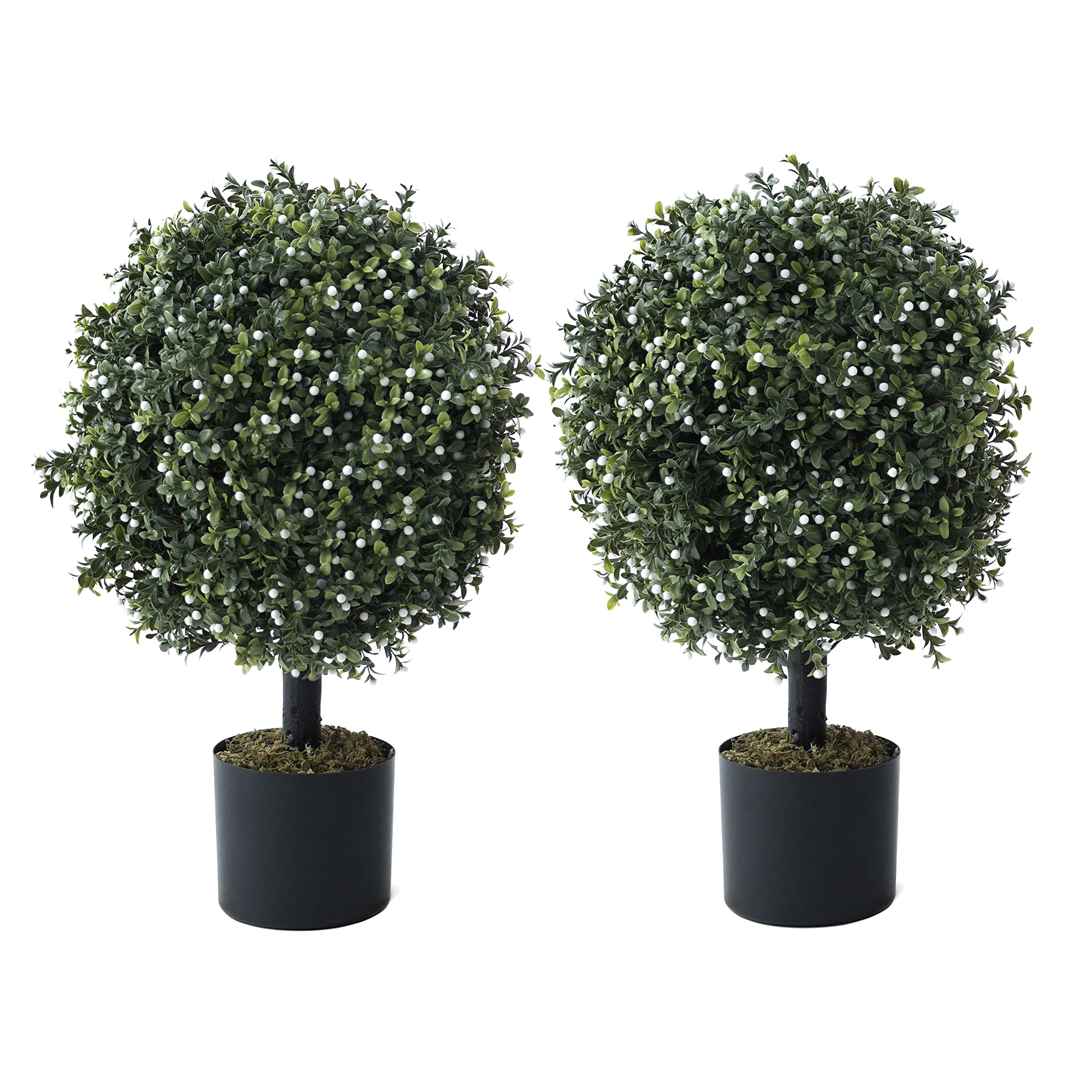 CAPHAUS 23.6" Artificial Boxwood Topiary Ball Trees Set of 2 - UV Resistant & Low Maintenance Faux Shrubs with Dried Moss for Realistic Front Porch,
