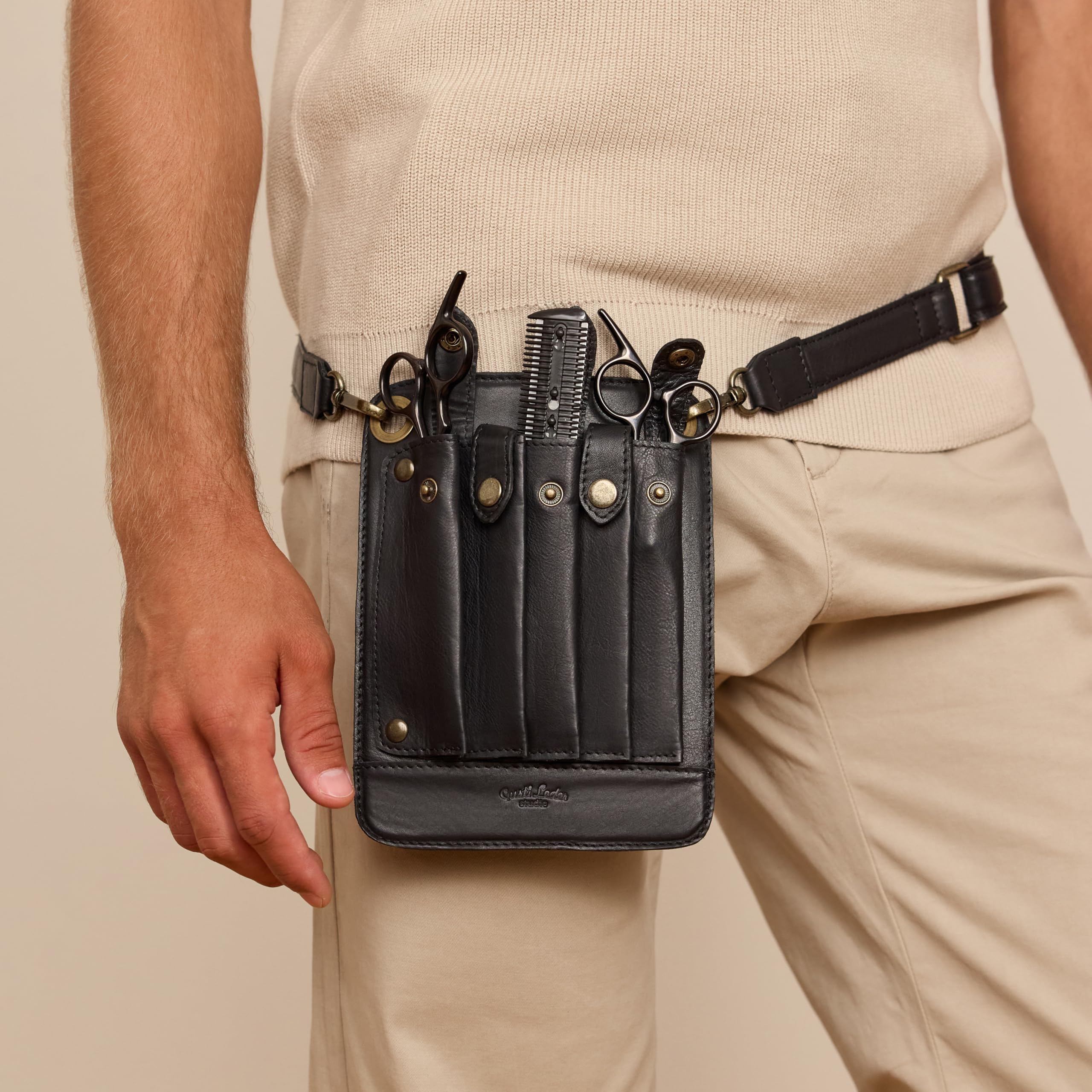 Gusti Pino - Bolso bandolera de piel para peluquería y herramientas, color negro