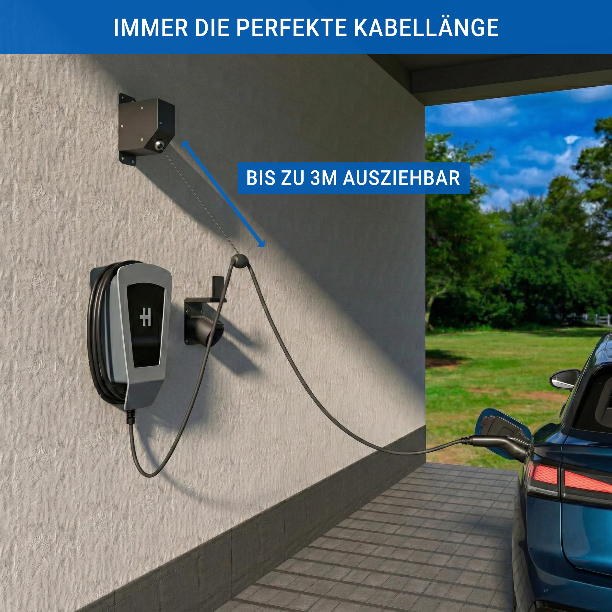 Automatycznie chowany uchwyt na kabel Wallbox EVify • Uchwyt na kabel ładujący typu 2 do montażu na ścianie • Uchwyt na kabel ładujący typu 2 ze stalową obudową •