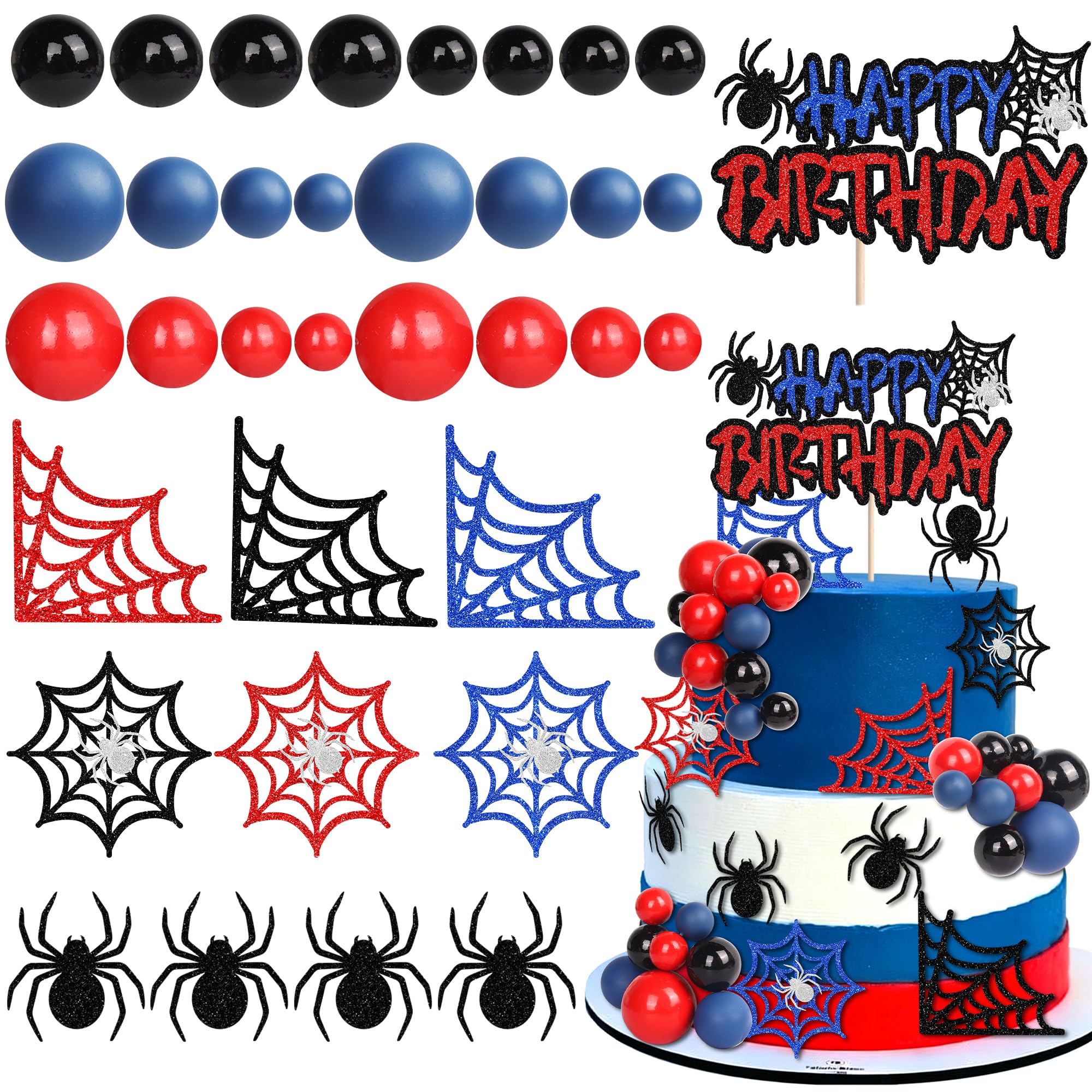 Xsstarmi 35 Pack Spider Cake Topper Superhero Birthday Decorations Halloween Spider Web Balls Cake Pick Decorations for Boys Girls Spider Birthday Party Decorations Supplies